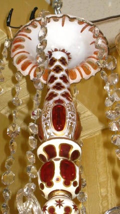 Antique Bohemian Green Red and White Overlay Glass Chandelier
