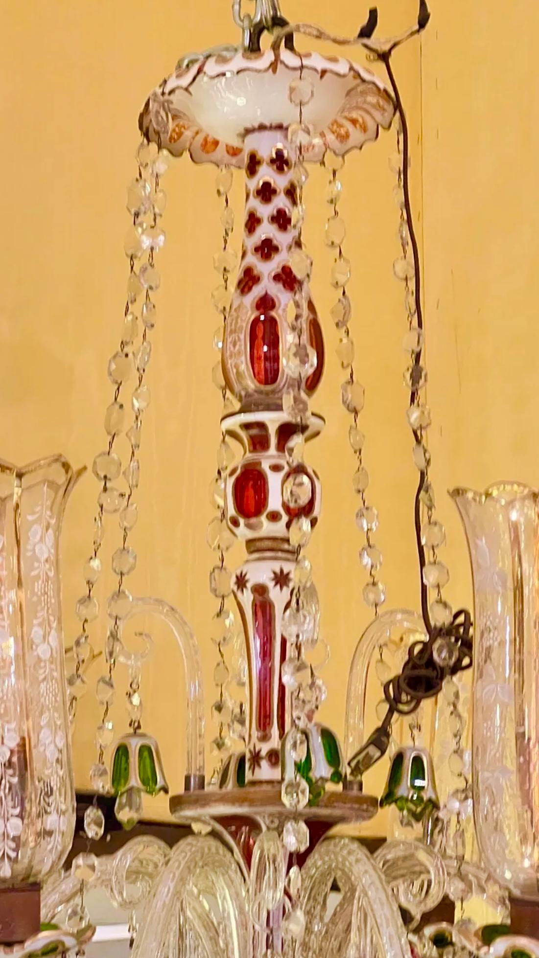 Antique Bohemian Green Red and White Overlay Glass Chandelier In condizioni buone in vendita a New York, NY