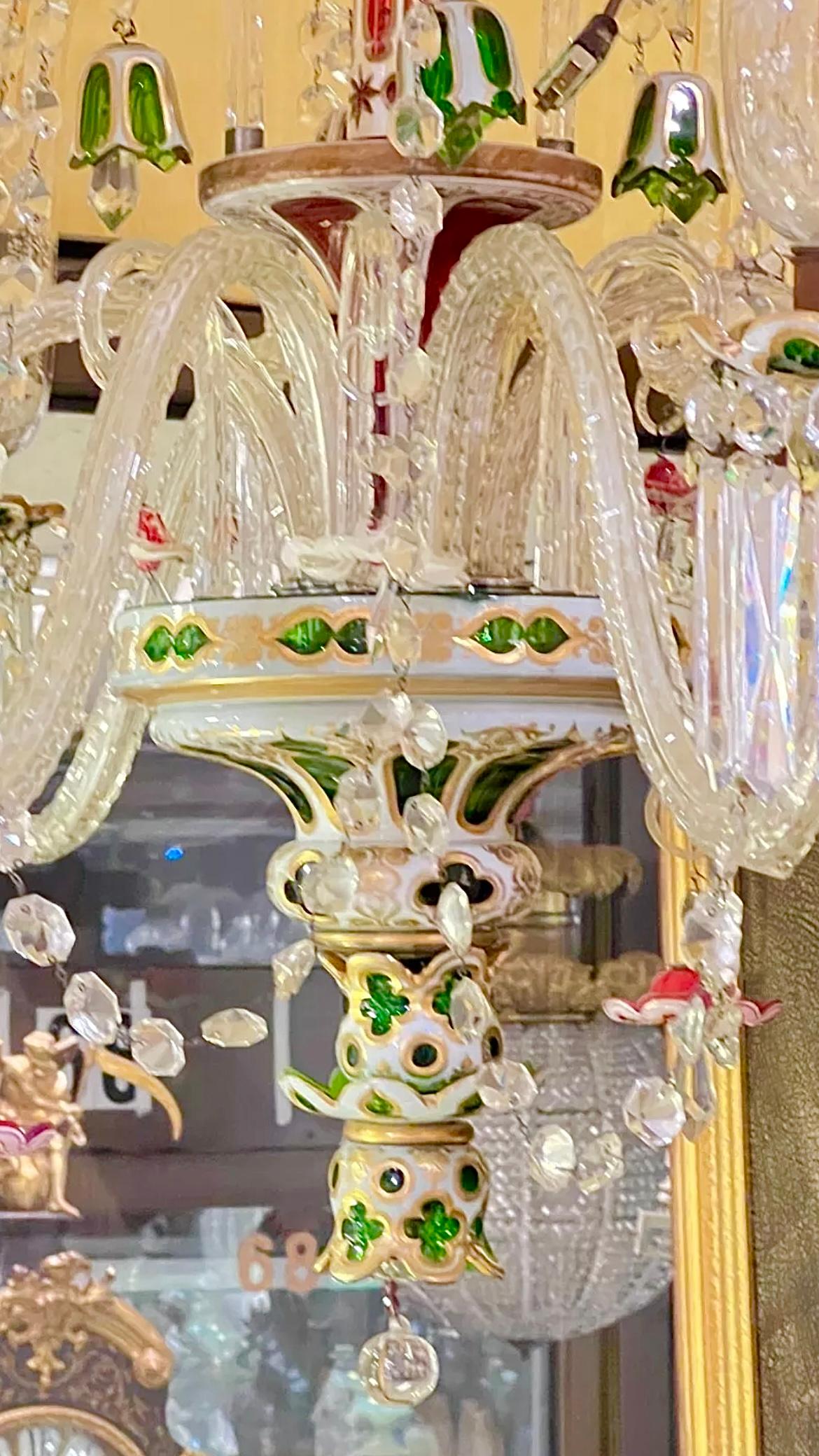 XIX secolo Antique Bohemian Green Red and White Overlay Glass Chandelier in vendita