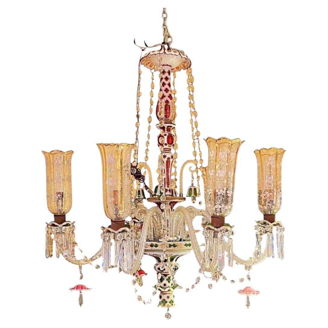 Antique Bohemian Green Red and White Overlay Glass Chandelier