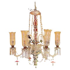 Antique Bohemian Green Red and White Overlay Glass Chandelier