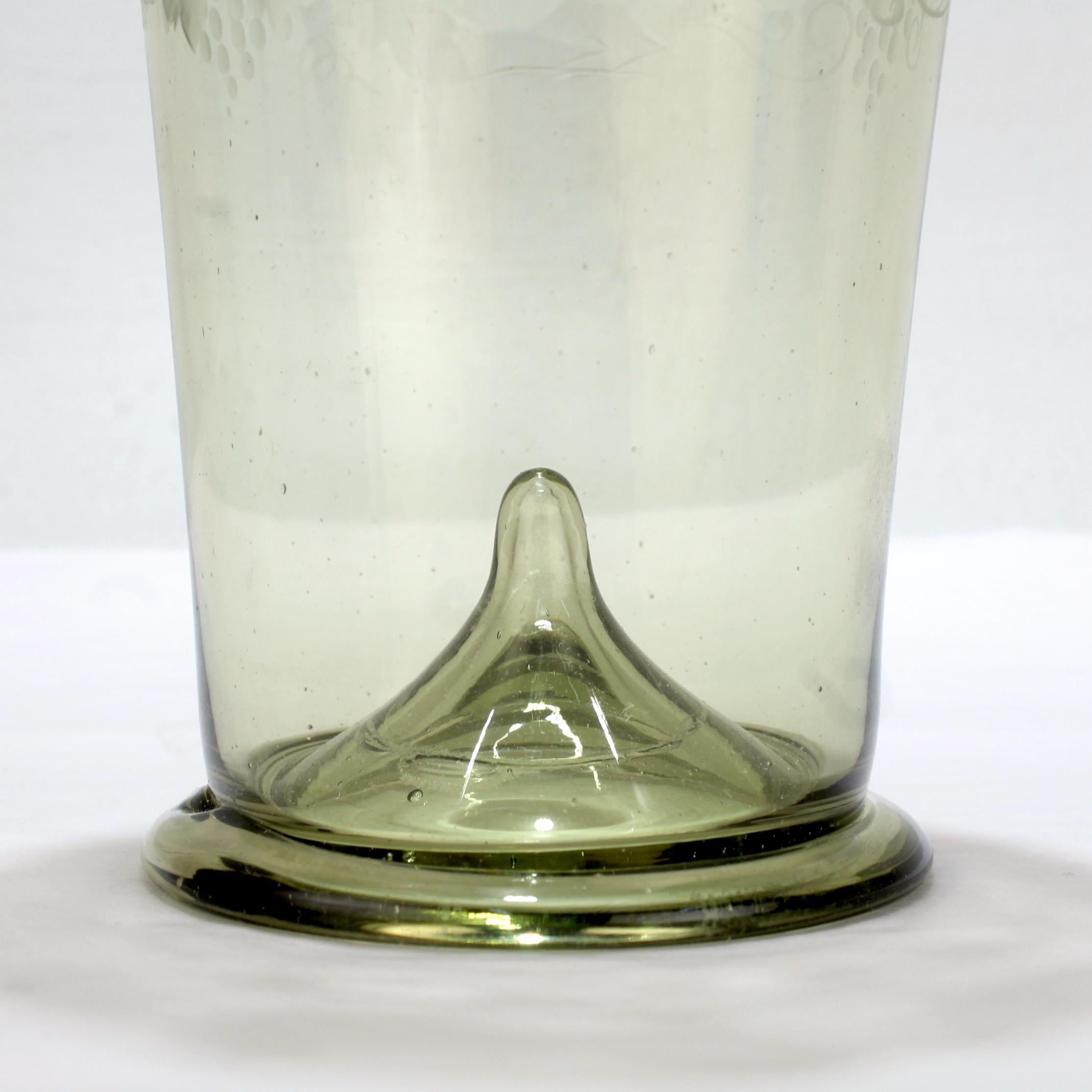 Blown Glass Antique Bohemian Green 'Waldglas' Type Glass Etched Beaker or Cup For Sale