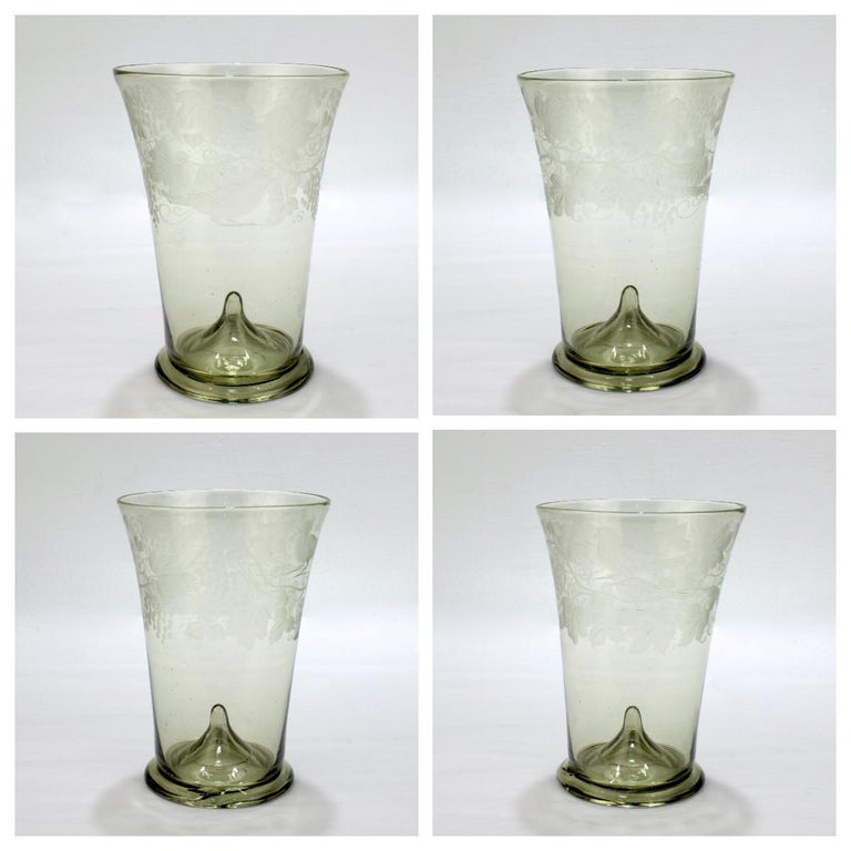 Renaissance Revival Antique Bohemian Green 'Waldglas' Type Glass Etched Beaker or Cup For Sale