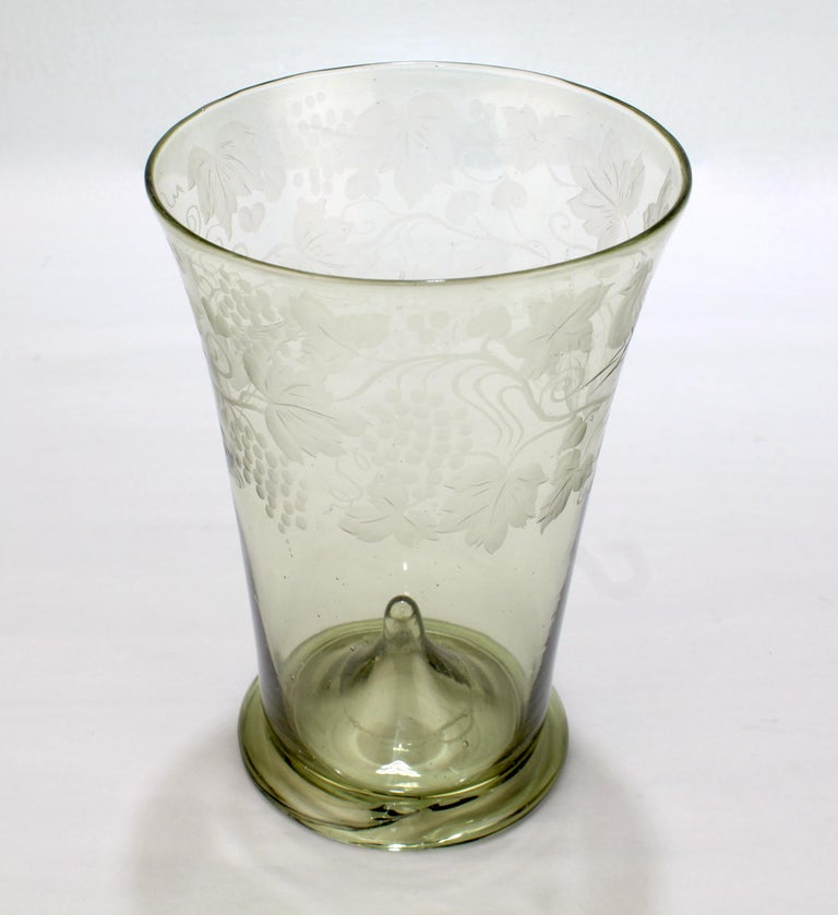 German Antique Bohemian Green 'Waldglas' Type Glass Etched Beaker or Cup For Sale