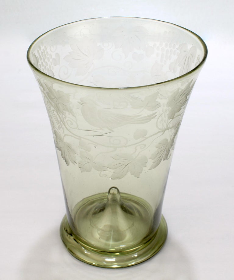 Antique Bohemian Green 'Waldglas' Type Glass Etched Beaker or Cup In Good Condition For Sale In Philadelphia, PA