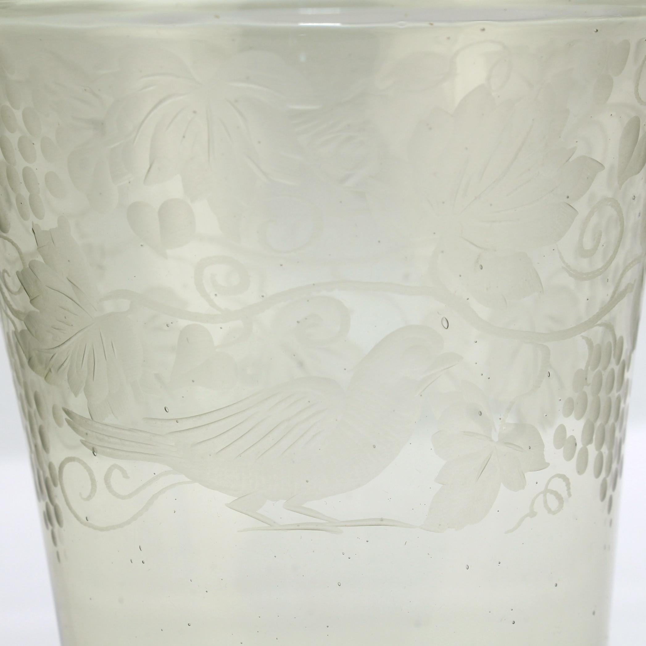 German Antique Bohemian Green 'Waldglas' Type Glass Etched Beaker or Cup For Sale