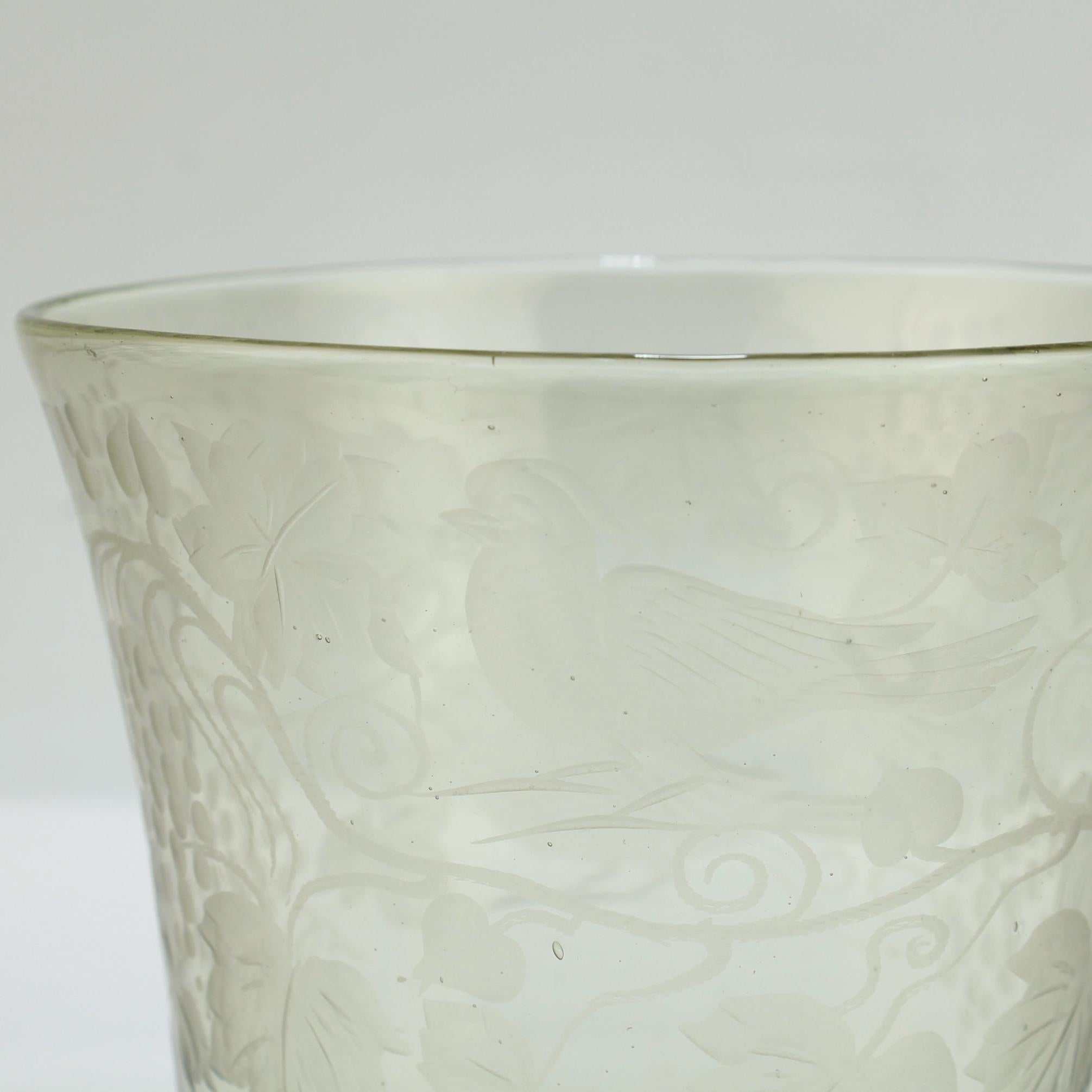 Antique Bohemian Green 'Waldglas' Type Glass Etched Beaker or Cup In Good Condition For Sale In Philadelphia, PA