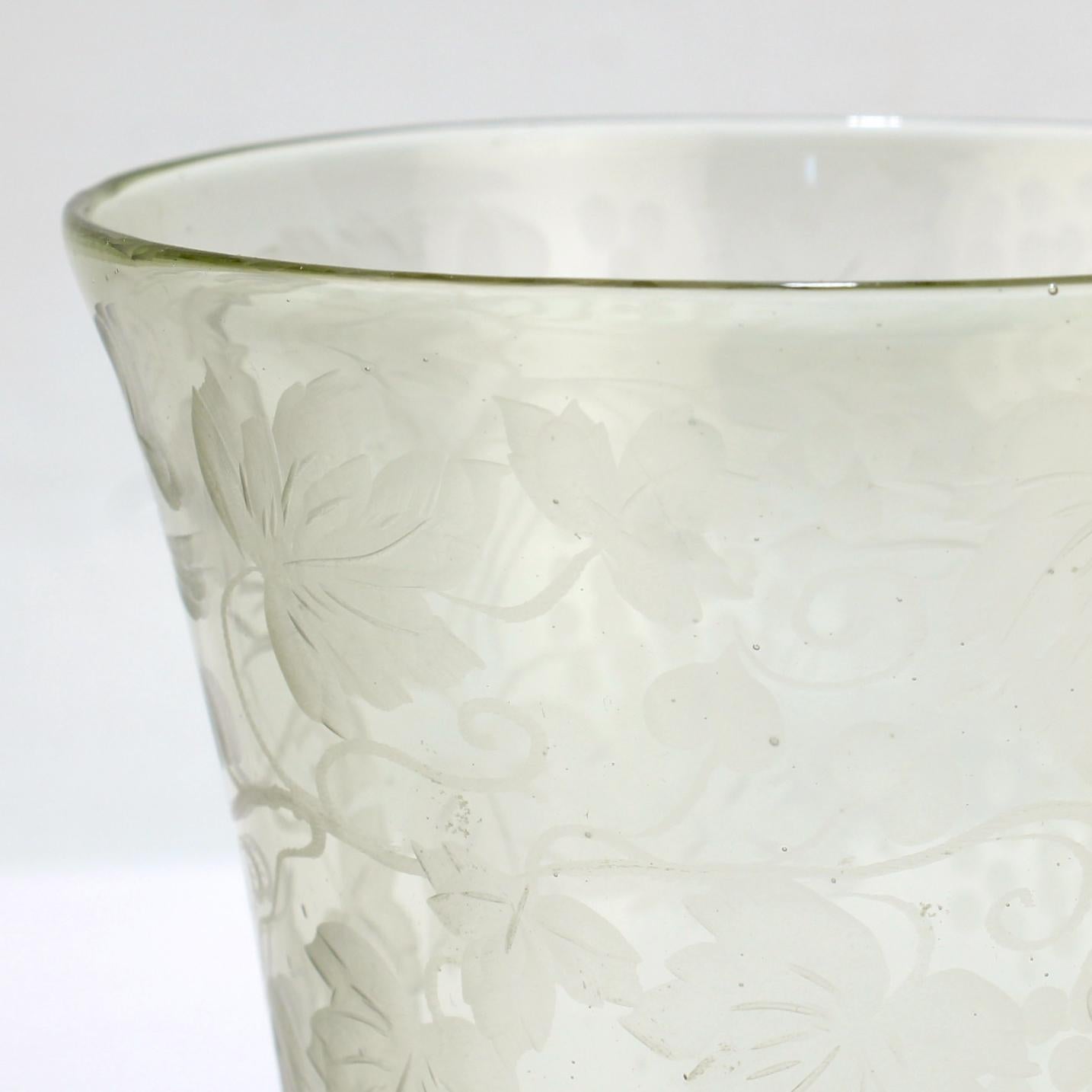 19th Century Antique Bohemian Green 'Waldglas' Type Glass Etched Beaker or Cup For Sale