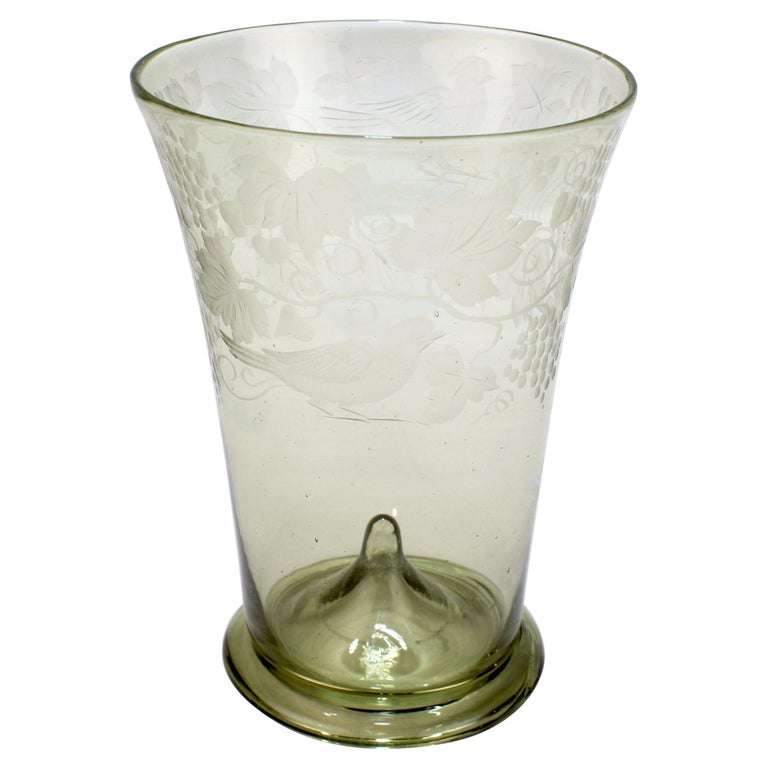 Antique Bohemian Green 'Waldglas' Type Glass Etched Beaker or Cup For Sale