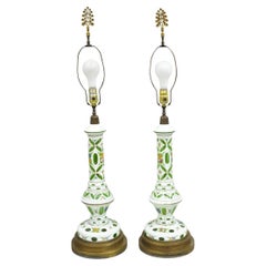 Antique Bohemian Green & White Cased Glass Column Table Lamps - a Pair