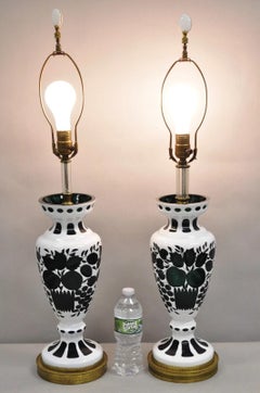 Antique Bohemian Green & White Fruit Harvest Czechoslovakian Table Lamps - Pair