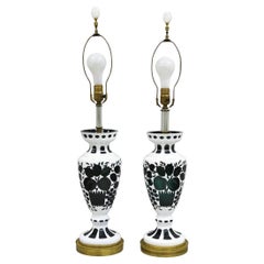 Antique Bohemian Green & White Fruit Harvest Czechoslovakian Table Lamps - Pair