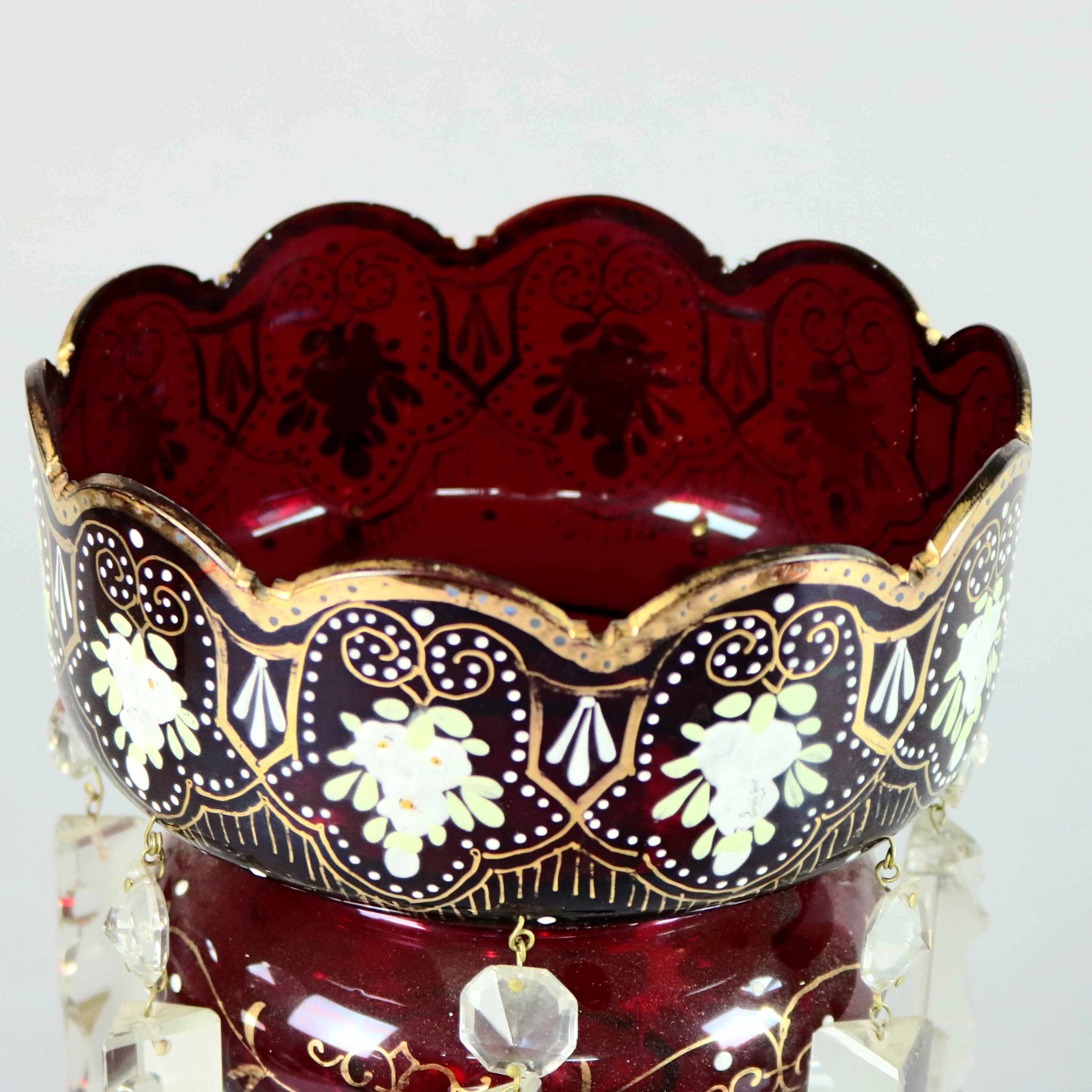 Victorian Antique Bohemian Hand Enameled and Gilt Ruby Glass Mantel Lustres, 19th Century