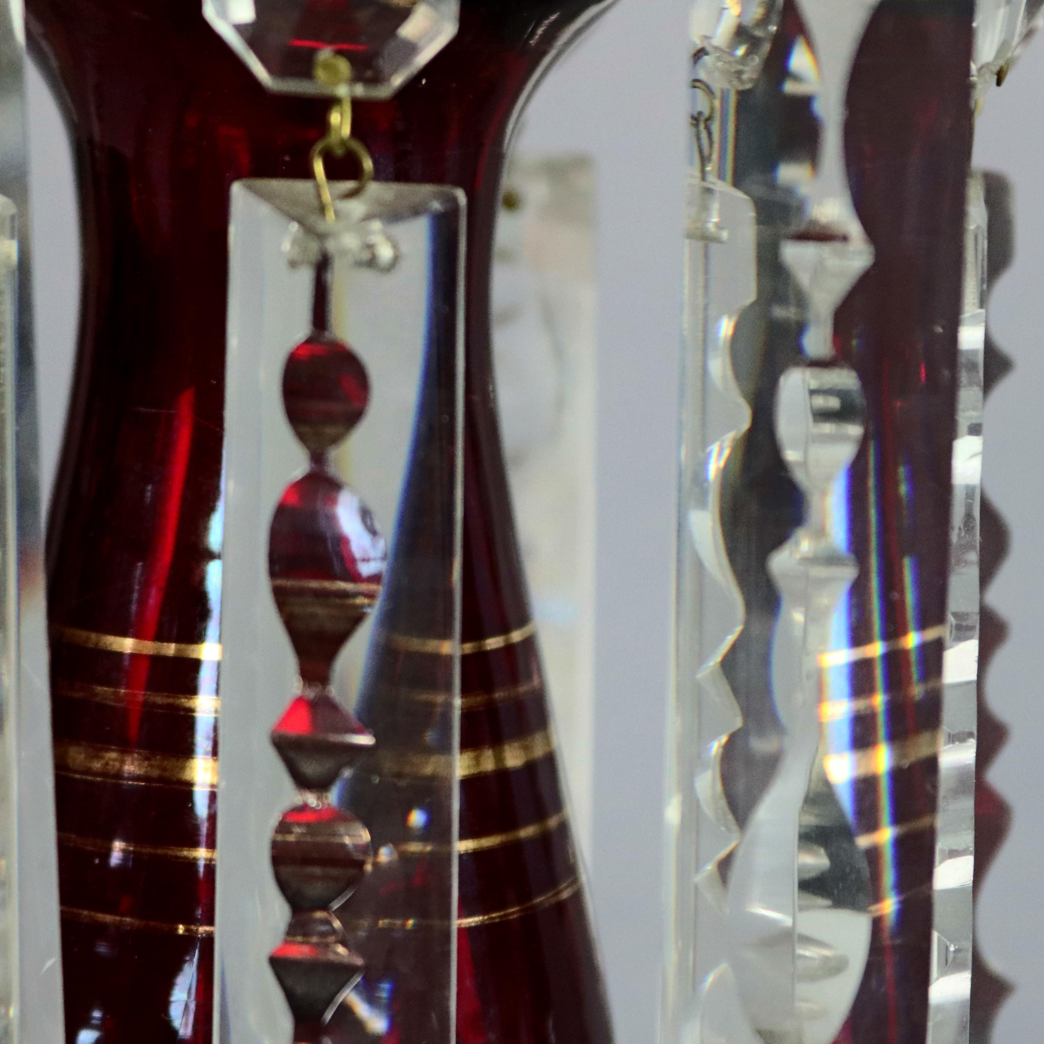 Crystal Antique Bohemian Hand Enameled and Gilt Ruby Glass Mantel Lustres, 19th Century