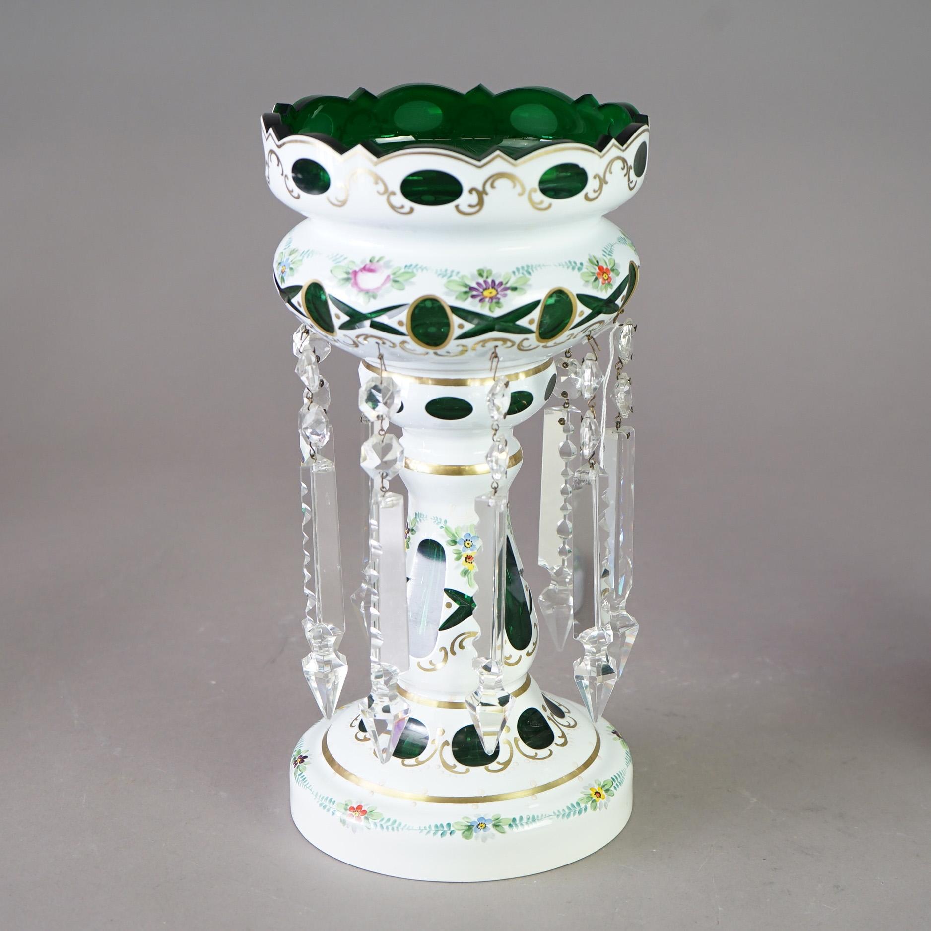 20th Century Antique Bohemian Hand Painted Overlay Cut Back To Emerald Green Mantel Lustres