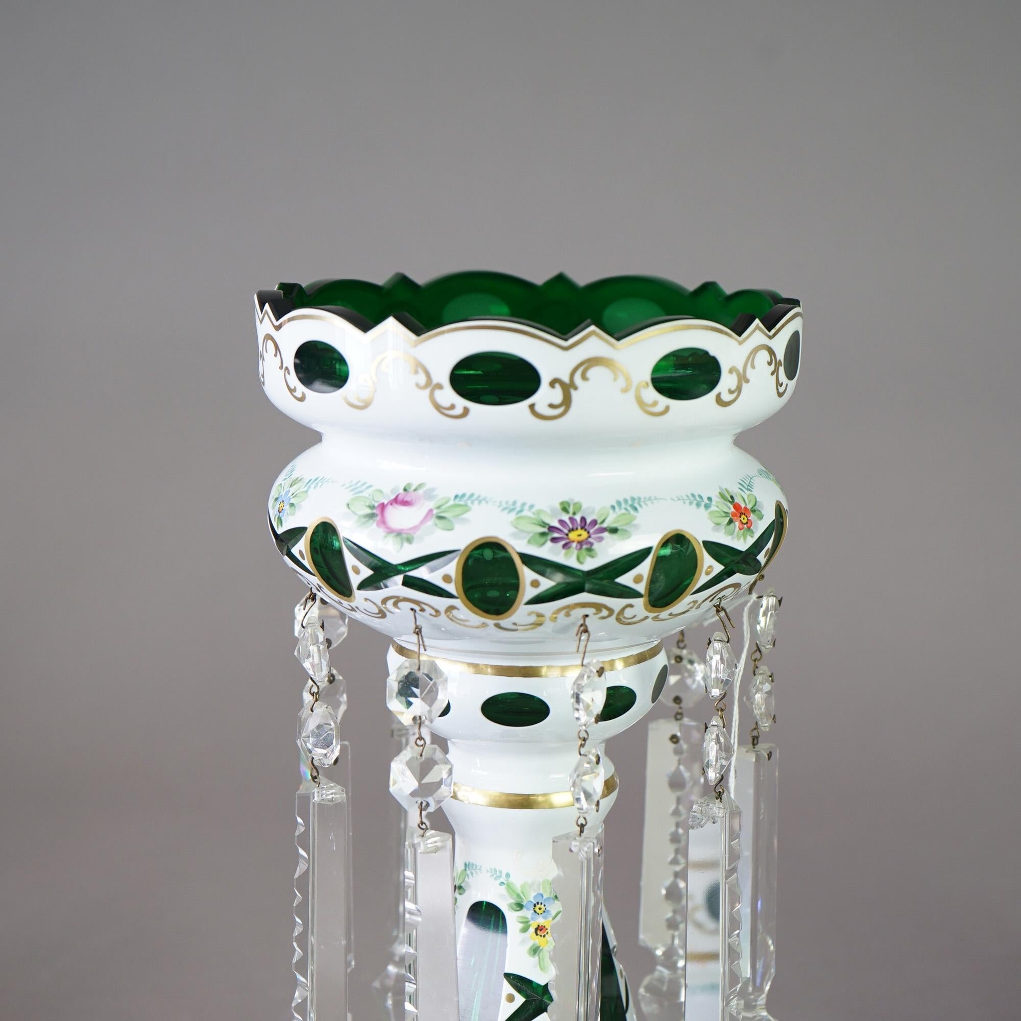 Cut Glass Antique Bohemian Hand Painted Overlay Cut Back To Emerald Green Mantel Lustres