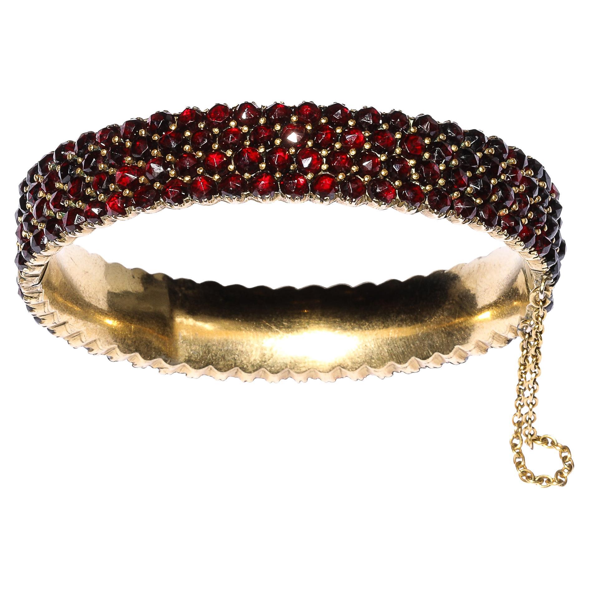 Antique Bohemian Hinged Cuff Encrusted with Garnets in Garnet Gold Setting