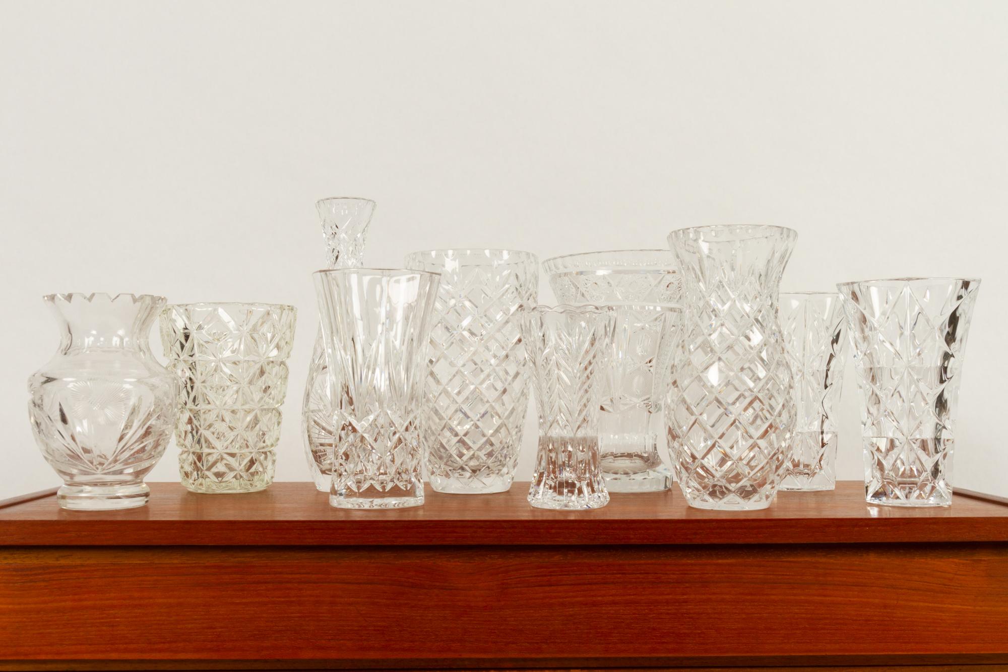 Antique Bohemian lead crystal vases set of 10.
Set of ten different antique cut crystal vases, with different cut decorations, first half of the 20th century. Size: Height 15 - 26cm.
With good weight, no damage, chips or cracks.