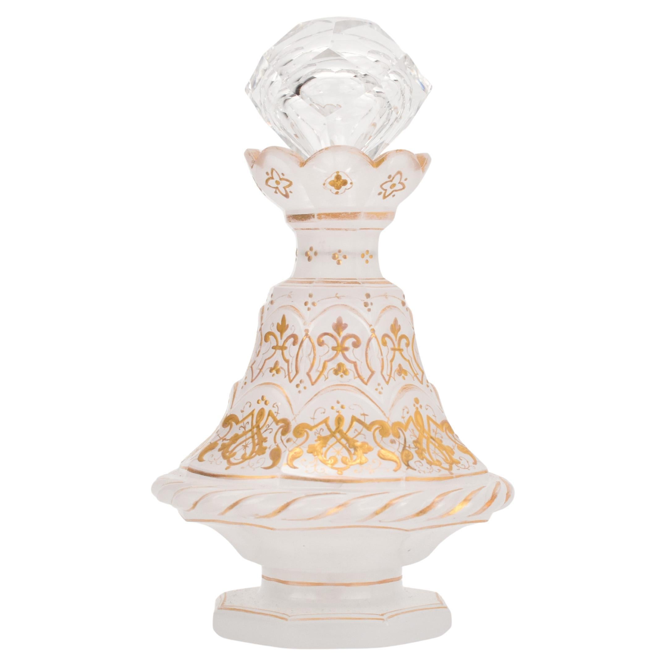 Antique Bohemian Milky White Enamelled Opaline Glass Perfume Bottle, 19th C