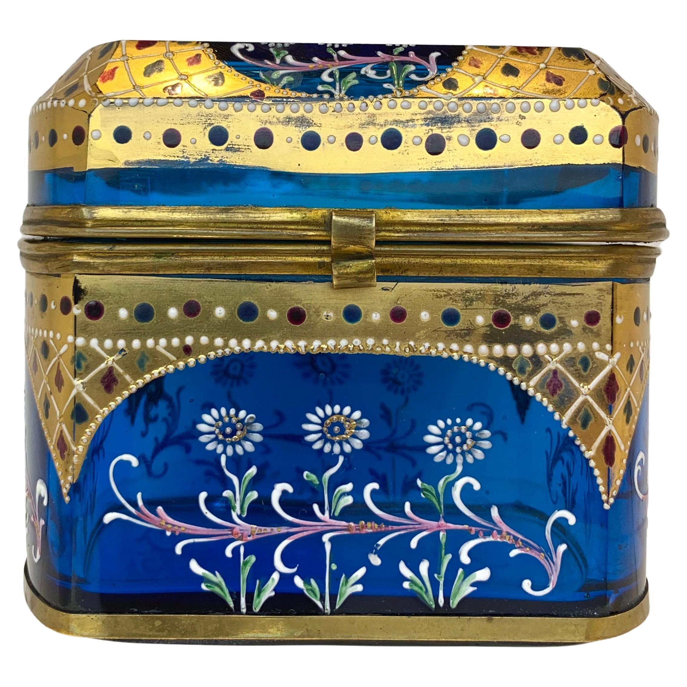 Antique Bohemian Moser Enameled Glass Jewelry Casket Box, 19th Century
