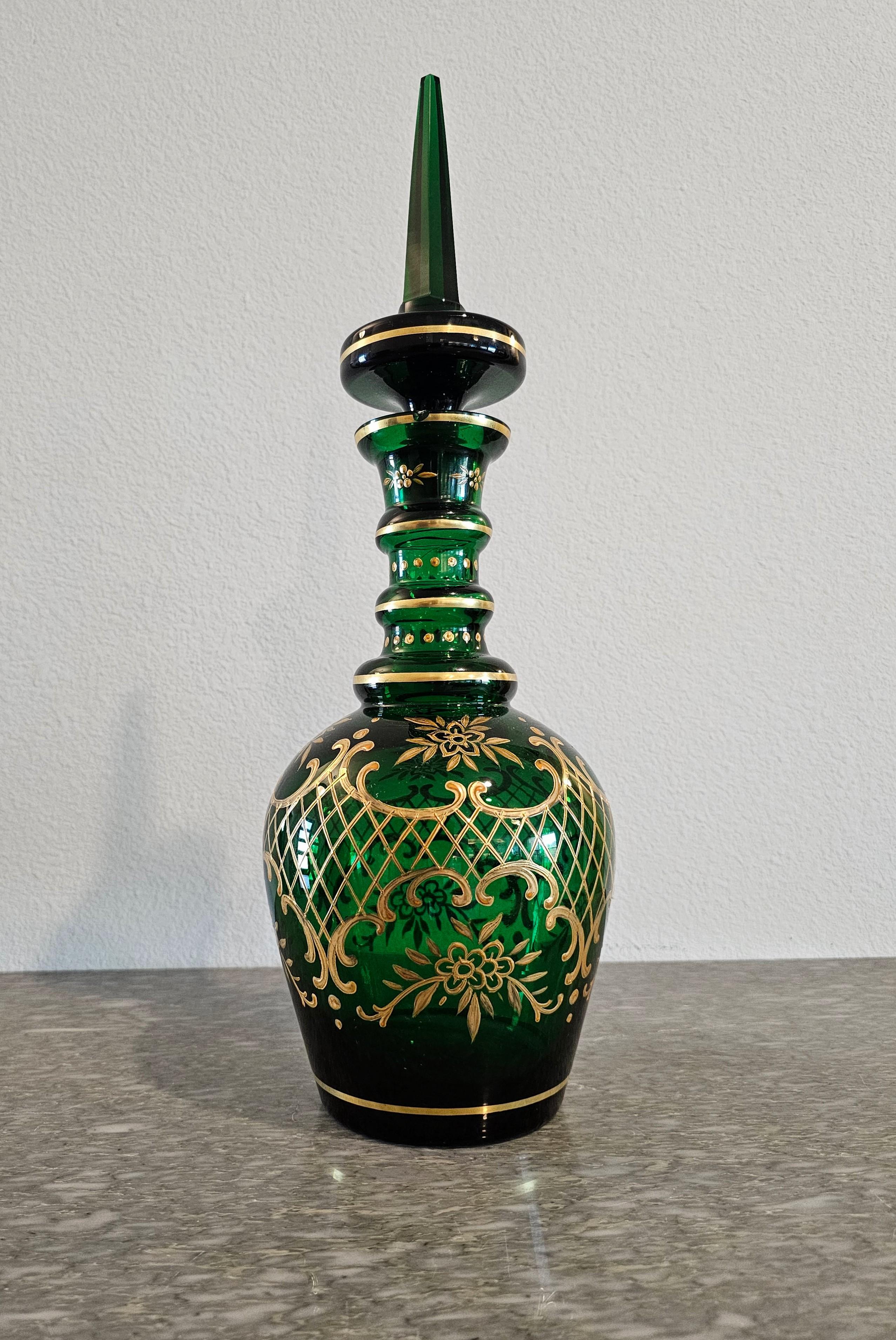 Antique Bohemian Moser Gilt Emerald Glass Decanter  For Sale 2