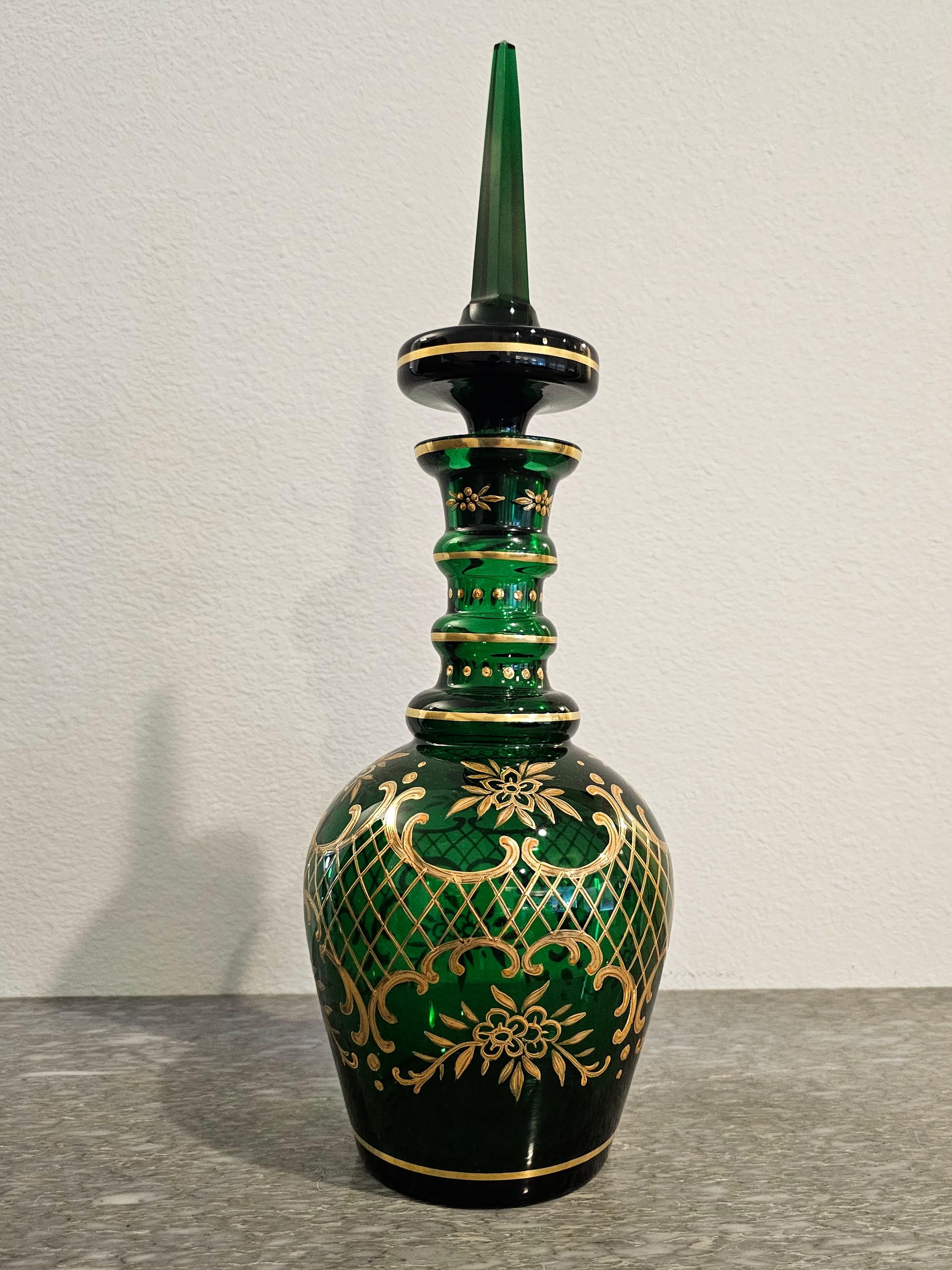 Antique Bohemian Moser Gilt Emerald Glass Decanter  For Sale 3