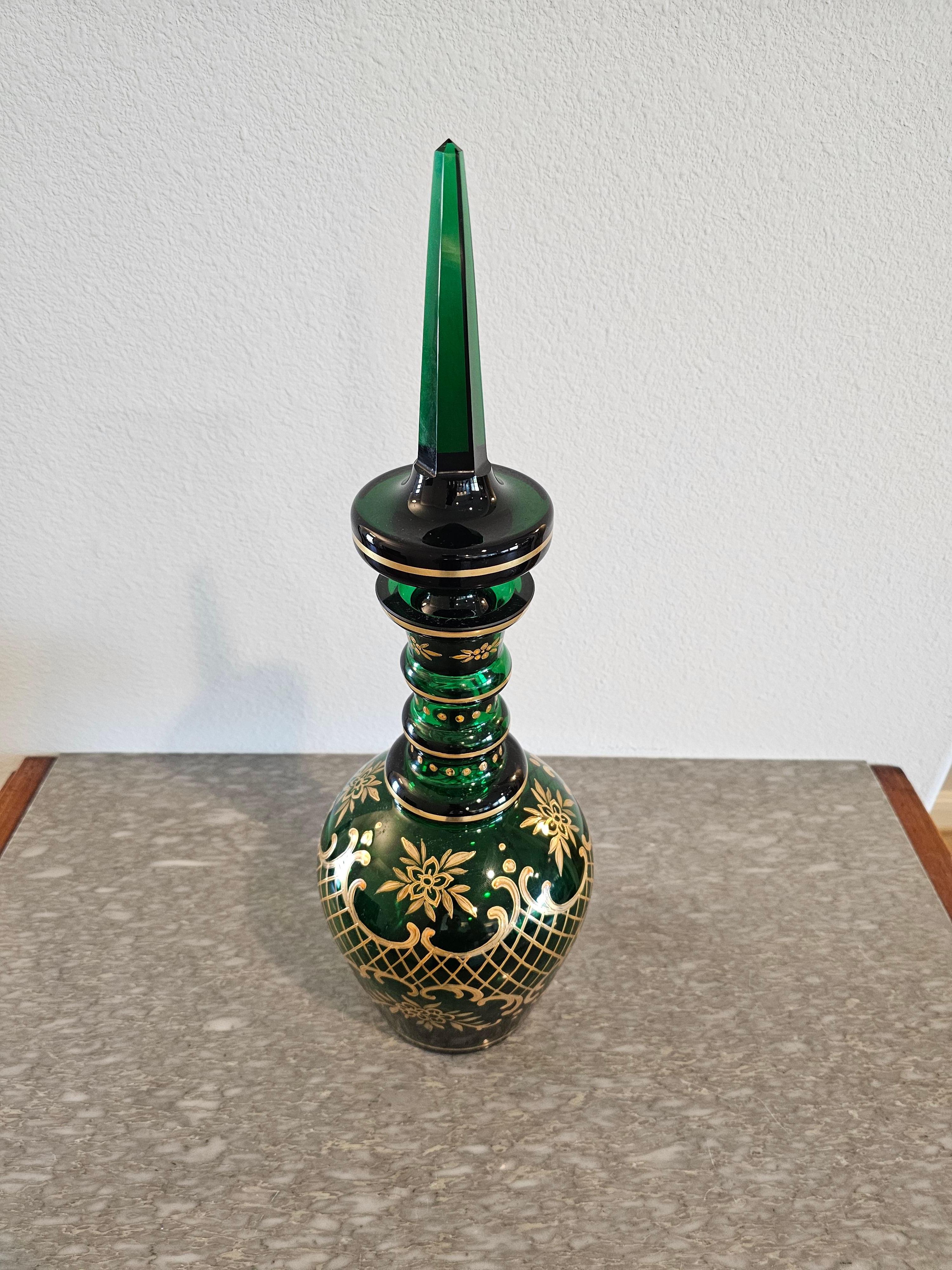 Antique Bohemian Moser Gilt Emerald Glass Decanter  For Sale 4