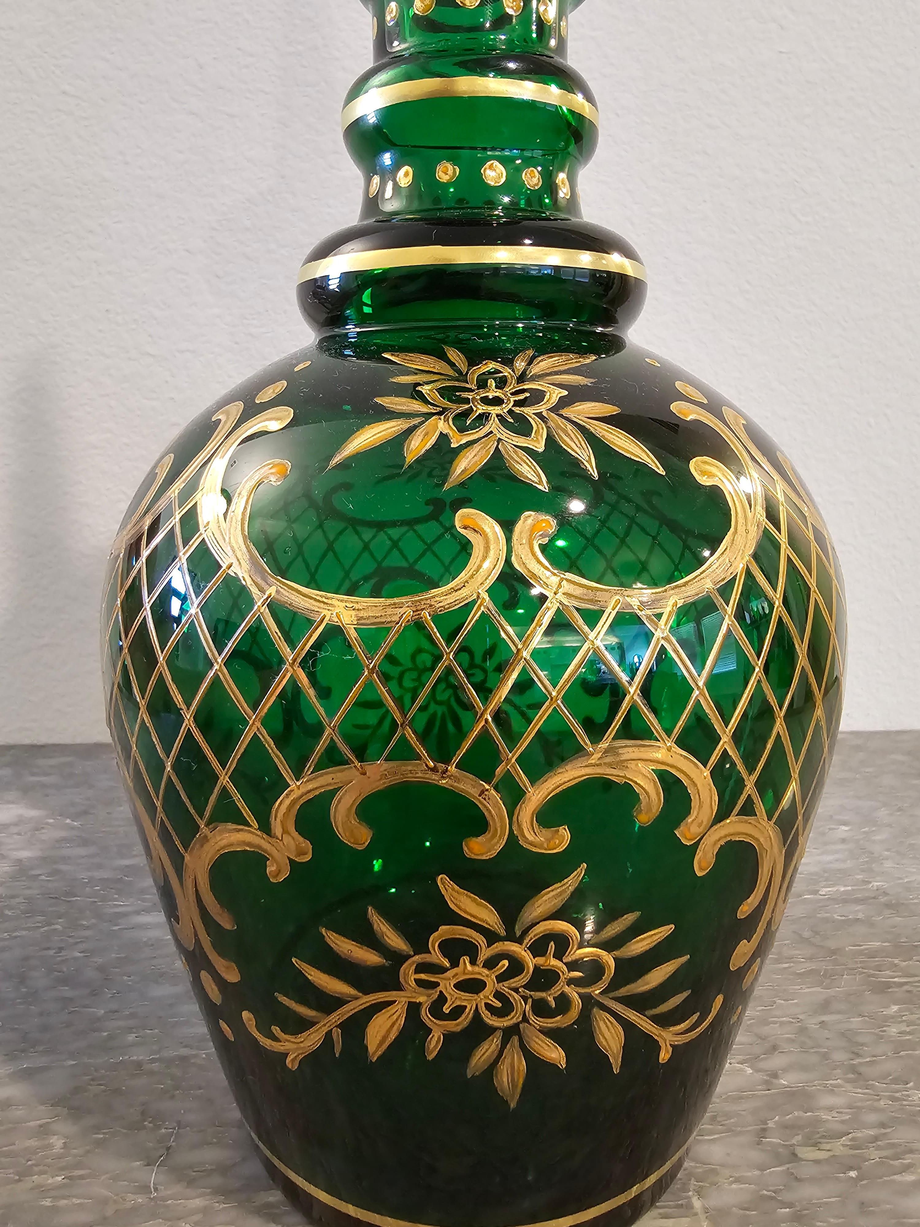 Antique Bohemian Moser Gilt Emerald Glass Decanter  For Sale 6