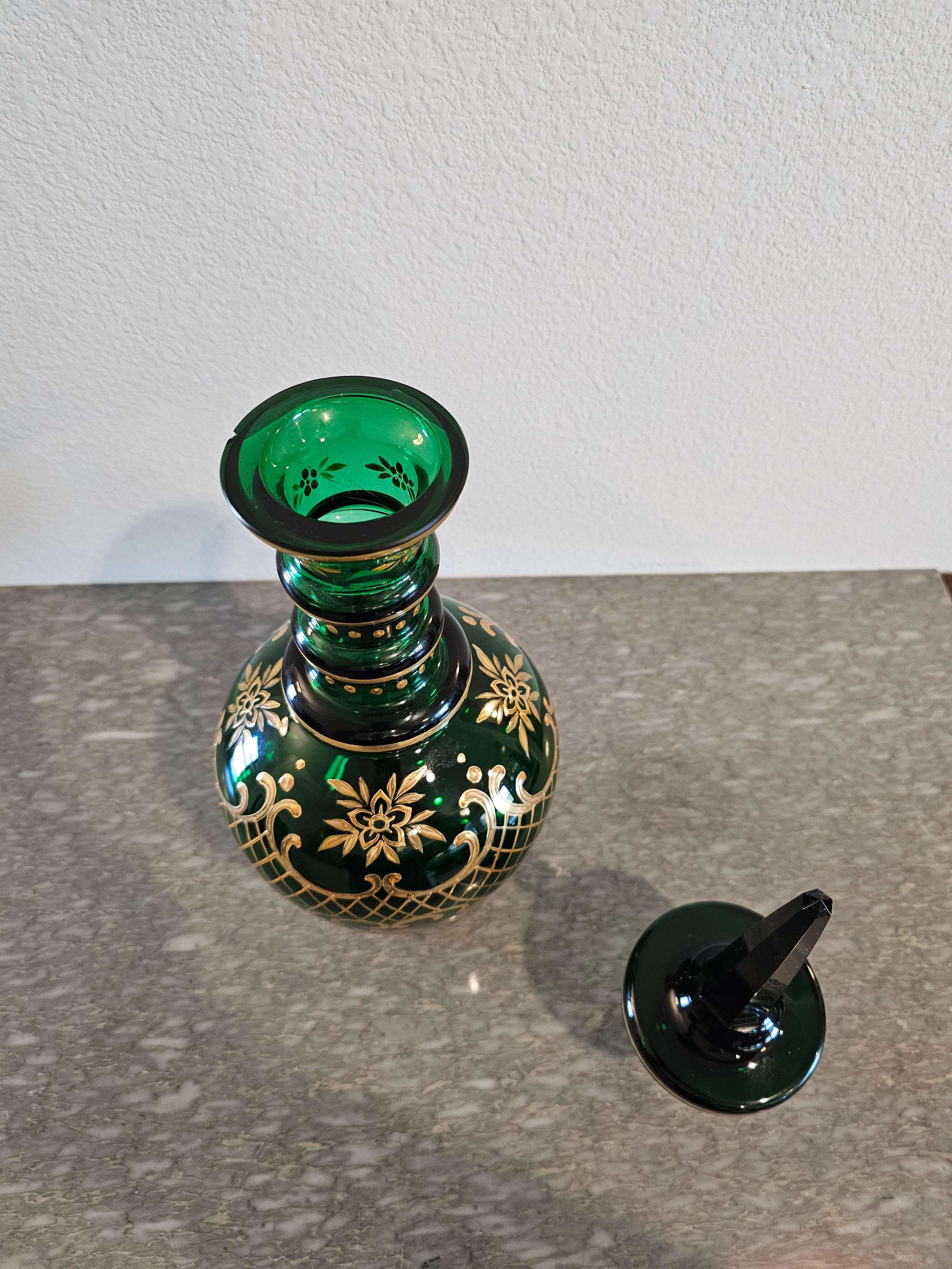 Antique Bohemian Moser Gilt Emerald Glass Decanter  For Sale 9