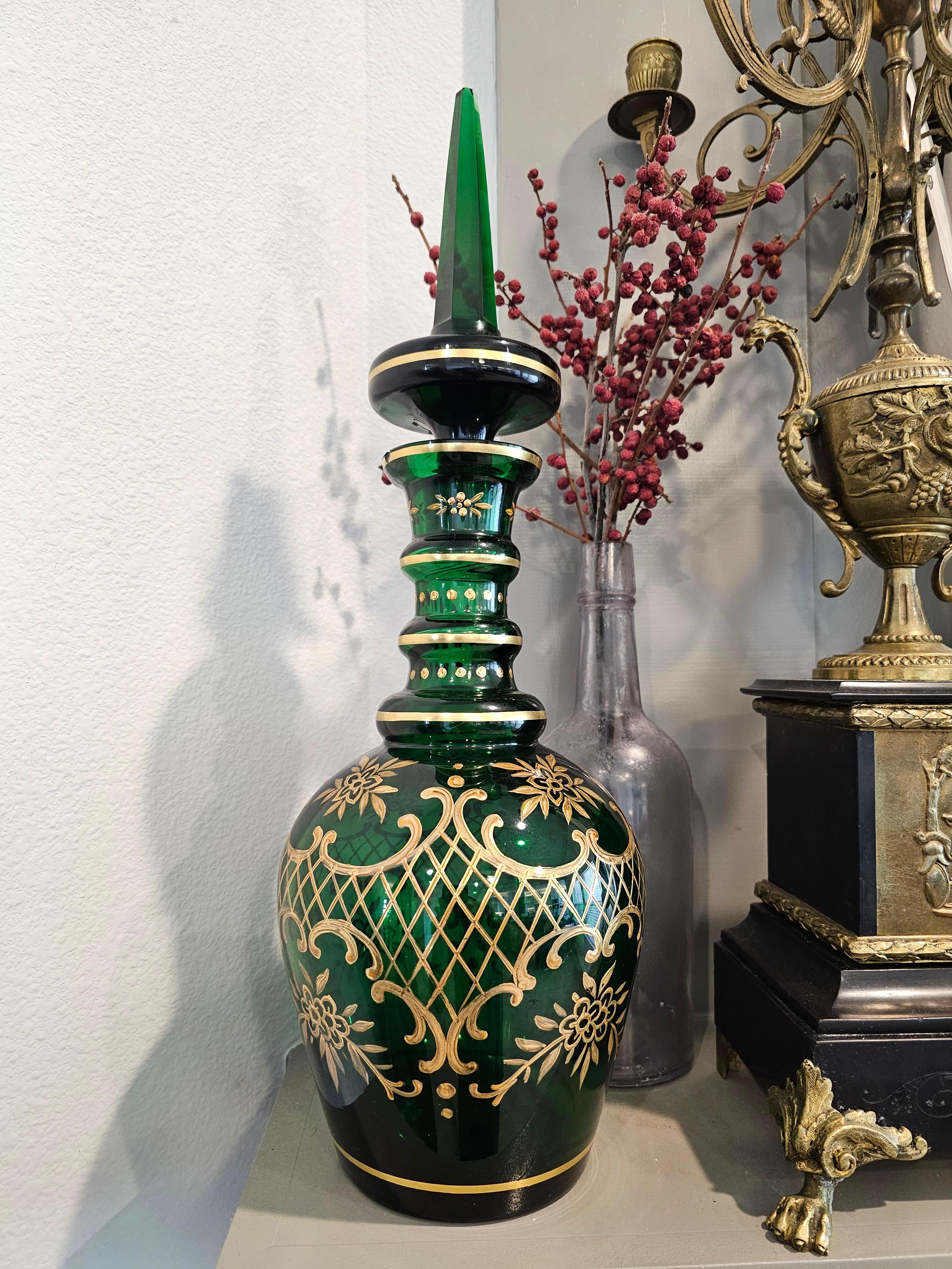 Antique Bohemian Moser Gilt Emerald Glass Decanter  For Sale 12