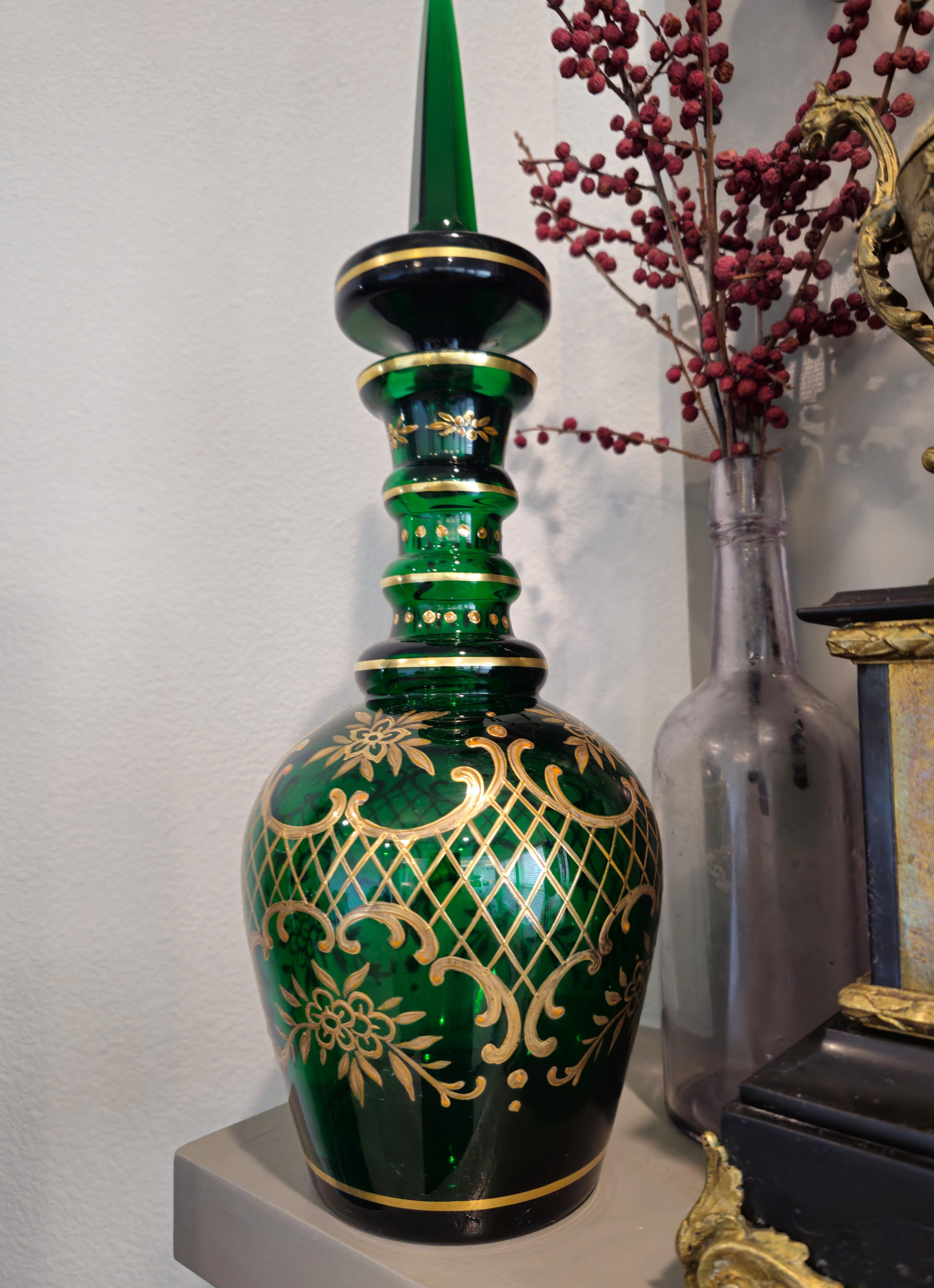 Art Nouveau Antique Bohemian Moser Gilt Emerald Glass Decanter  For Sale