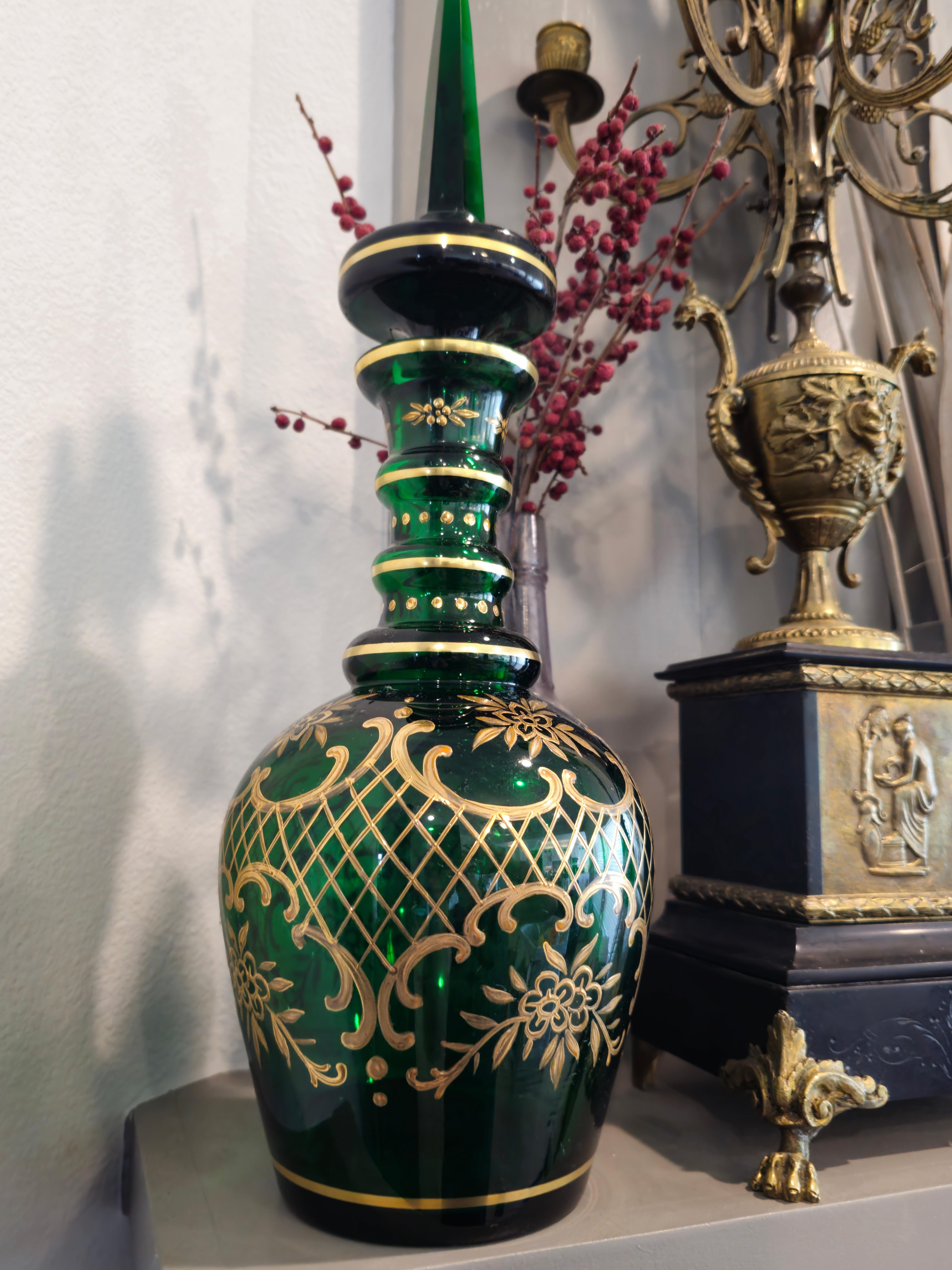 Czech Antique Bohemian Moser Gilt Emerald Glass Decanter  For Sale