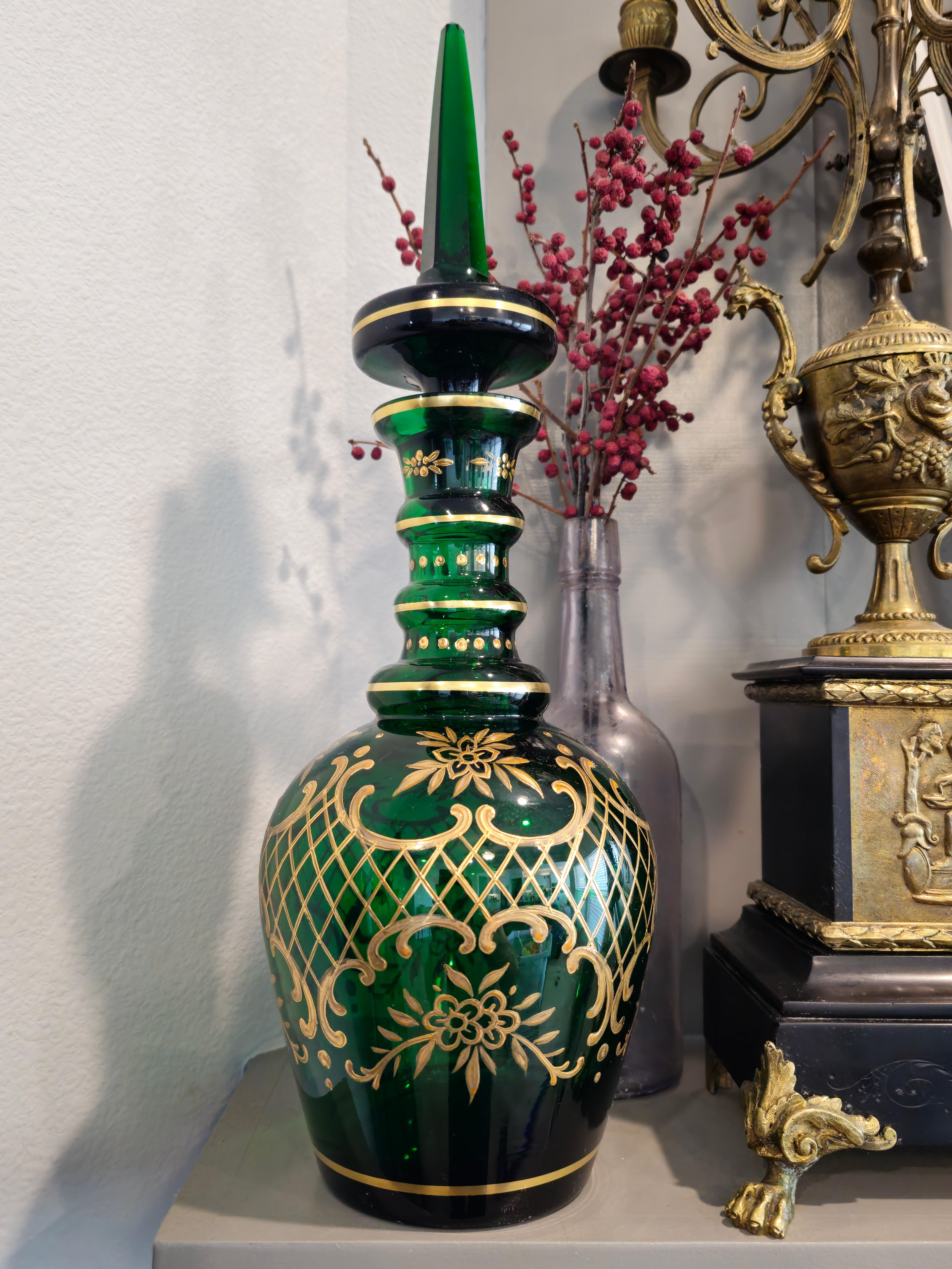 Enameled Antique Bohemian Moser Gilt Emerald Glass Decanter  For Sale