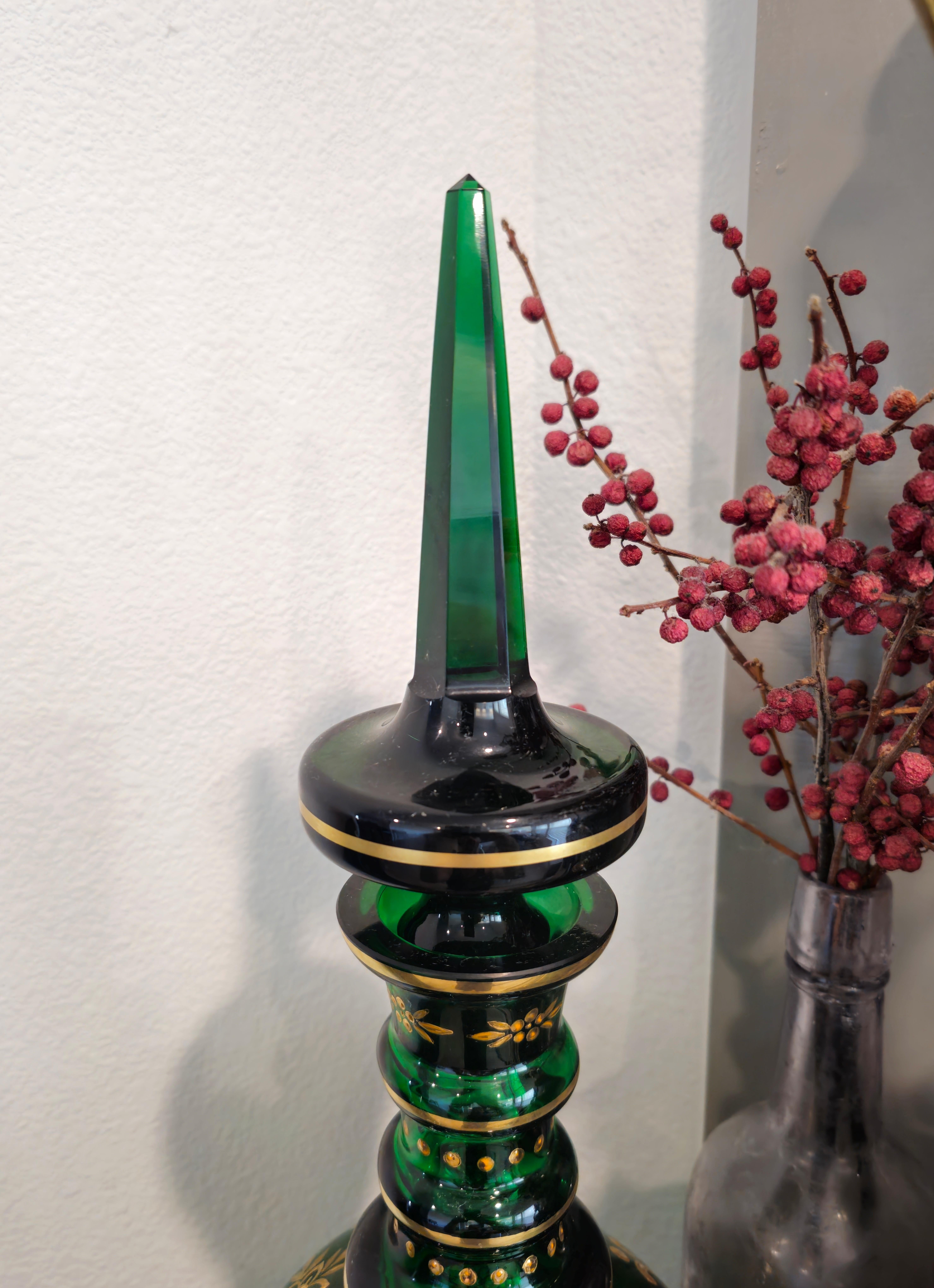 Antique Bohemian Moser Gilt Emerald Glass Decanter  In Fair Condition For Sale In Forney, TX