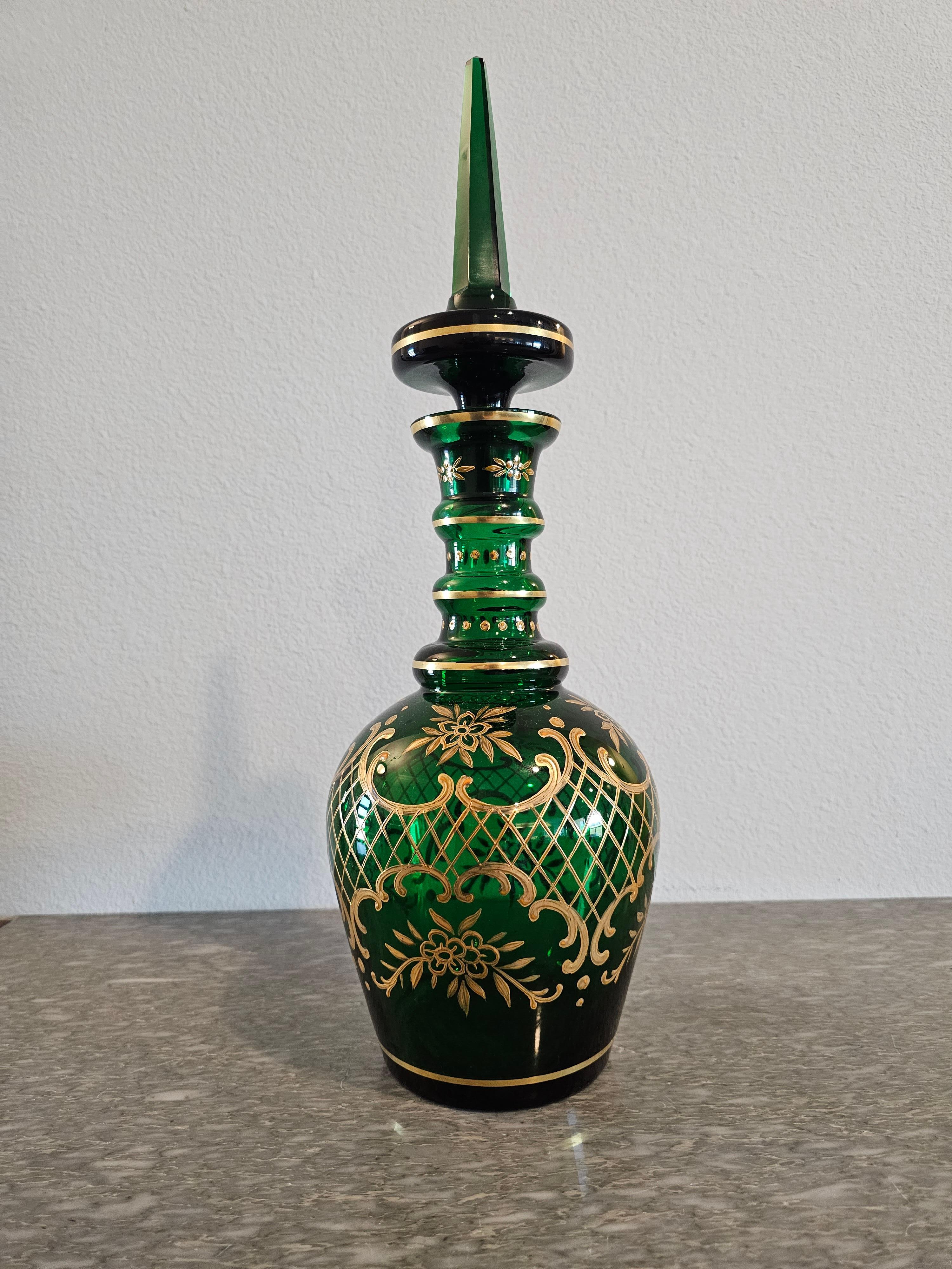 Antique Bohemian Moser Gilt Emerald Glass Decanter  For Sale 1
