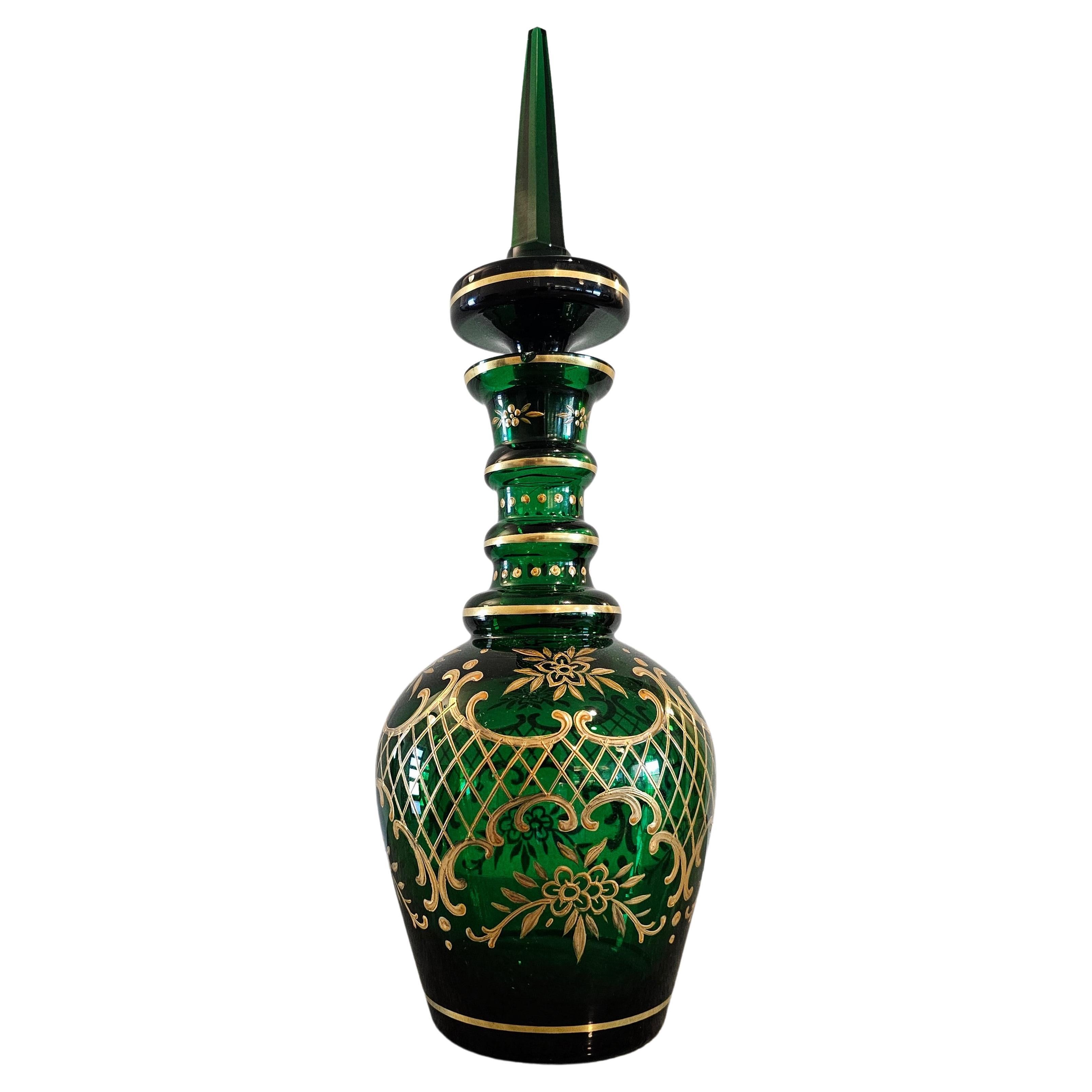 Antique Bohemian Moser Gilt Emerald Glass Decanter  For Sale
