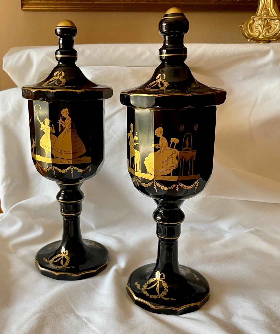Antique Bohemian Moser Large Pair of Lidded Amethyst Crystal Goblets For Sale 4