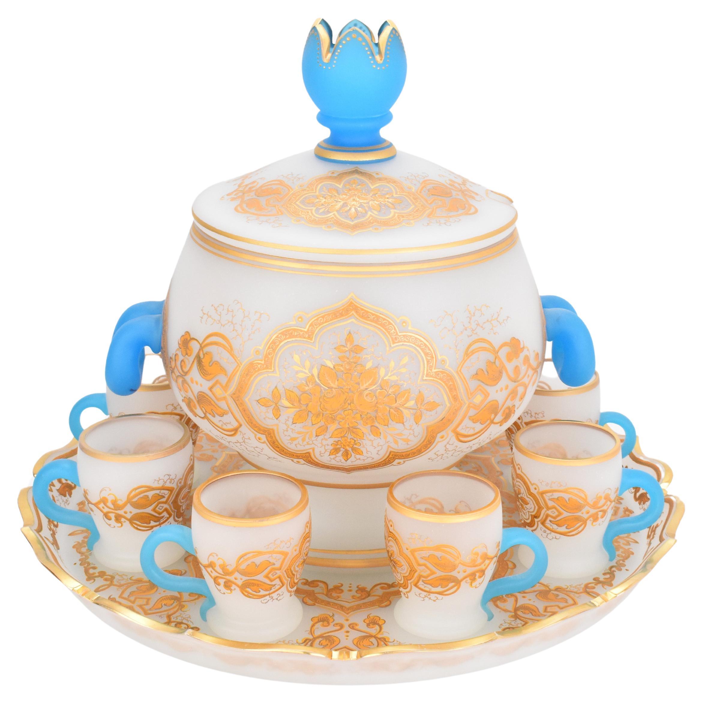 Antique Bohemian Moser Opaline Milk Glass Punch Bowl Set, 19th Century