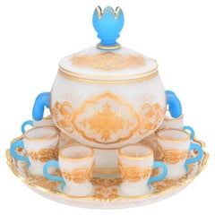 Antique Bohemian Moser Opaline Milk Glass Punch Bowl Set, 19th Century