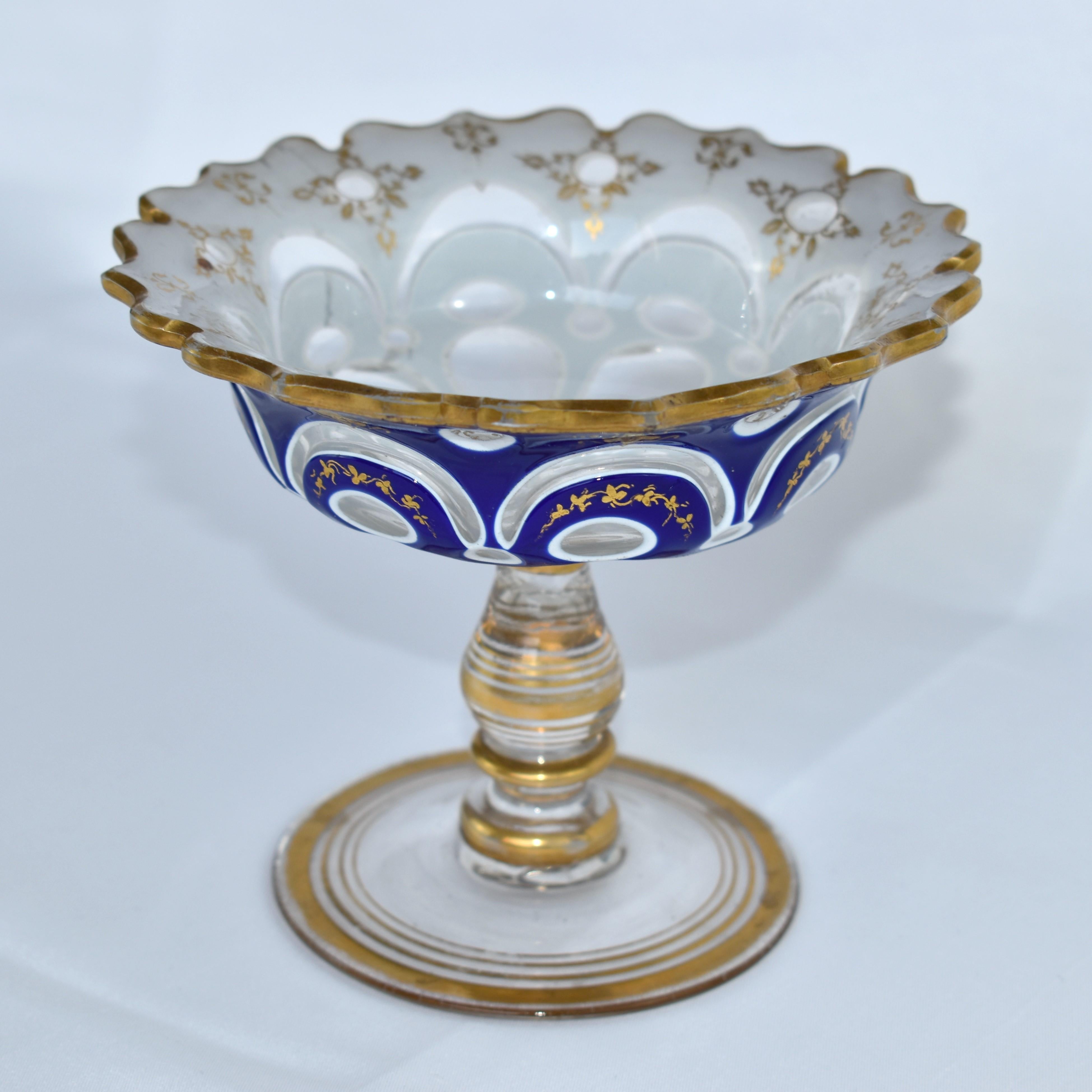 Gilt ANTIQUE BOHEMIAN MOSER OVERLAY GLASS TAZZA BOWL, 19th CENTURY For Sale