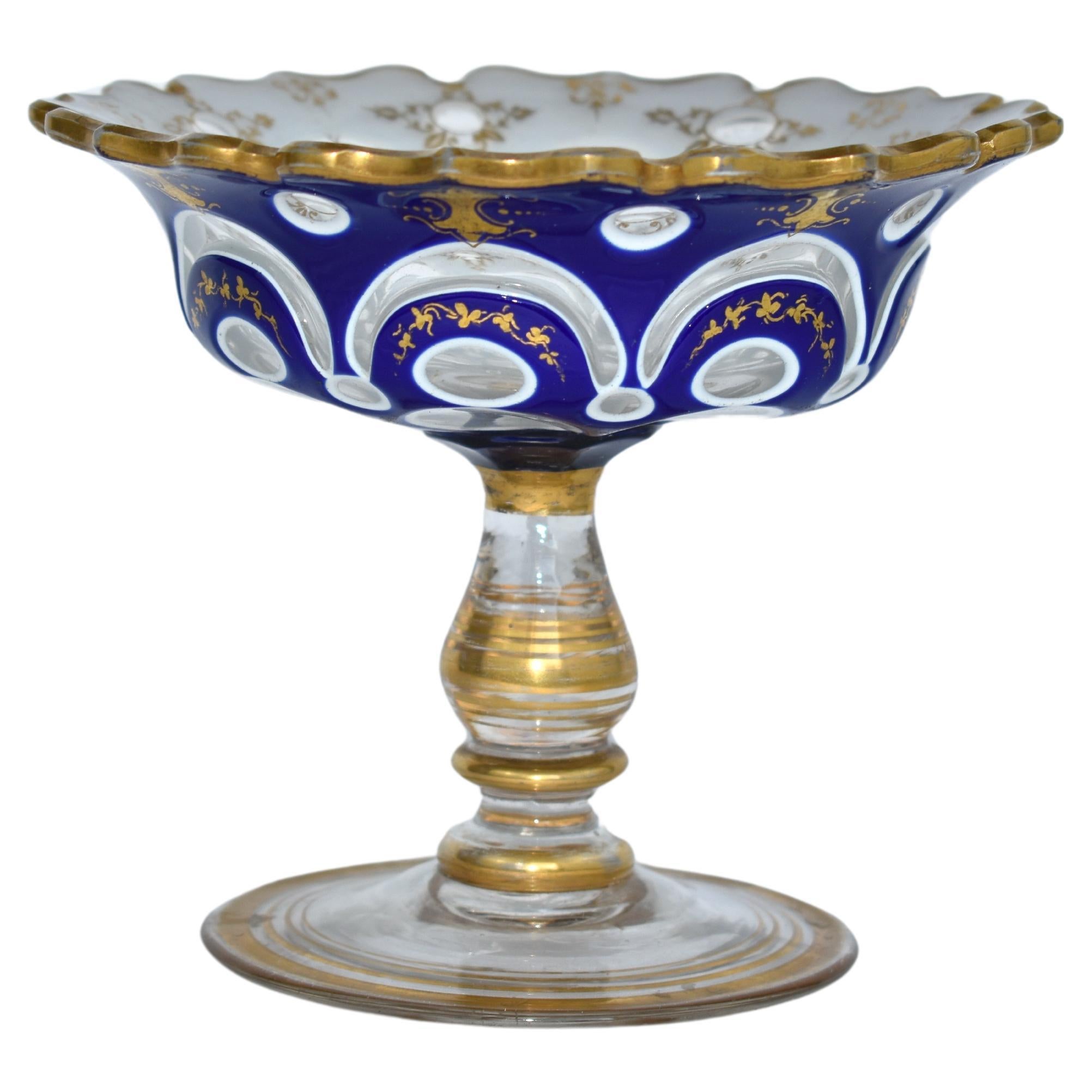 ANTIQUE BOHEMIAN MOSER OVERLAY GLASS TAZZA BOWL, 19th CENTURY For Sale