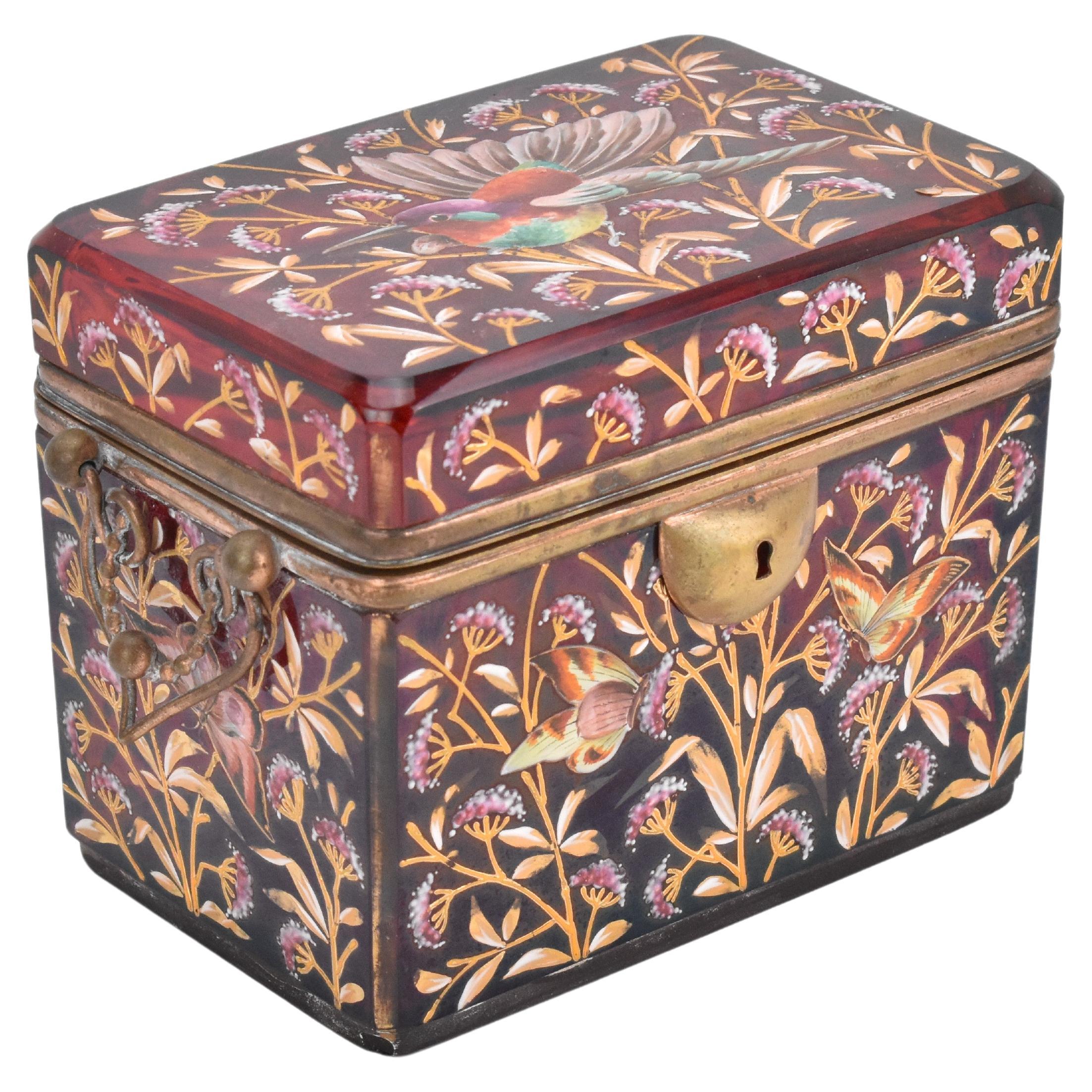 Antique Bohemian Moser Ruby Red Enameled Glass Jewelry Casket Box, 19th Century