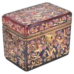 Antique Bohemian Moser Ruby Red Enameled Glass Jewelry Casket Box, 19th Century