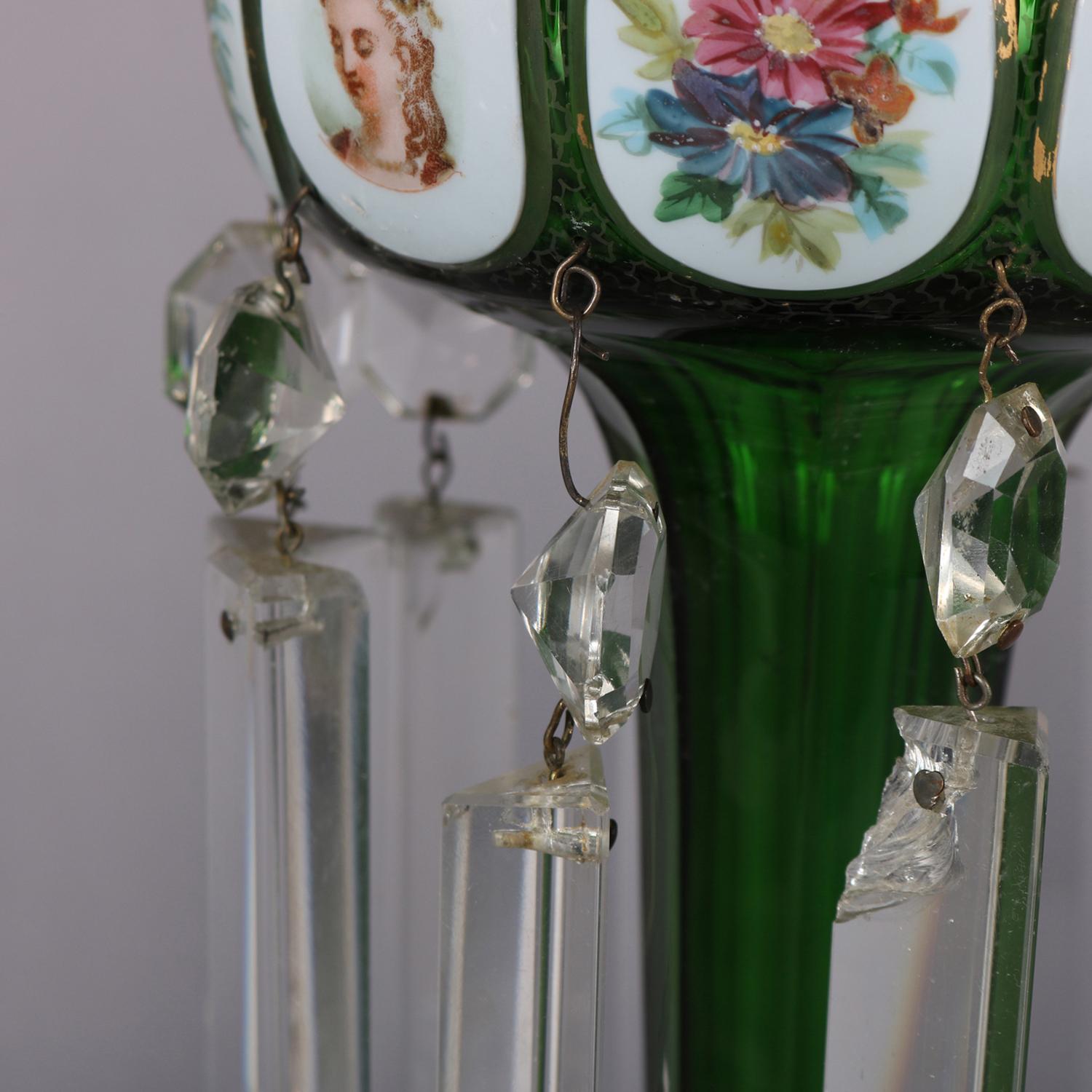 Antique Bohemian Moser School Emerald Green Glass Portrait Mantle Lustres 4