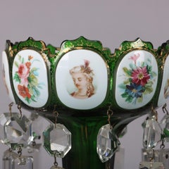 Antique Bohemian Moser School Emerald Green Glass Portrait Mantle Lustres