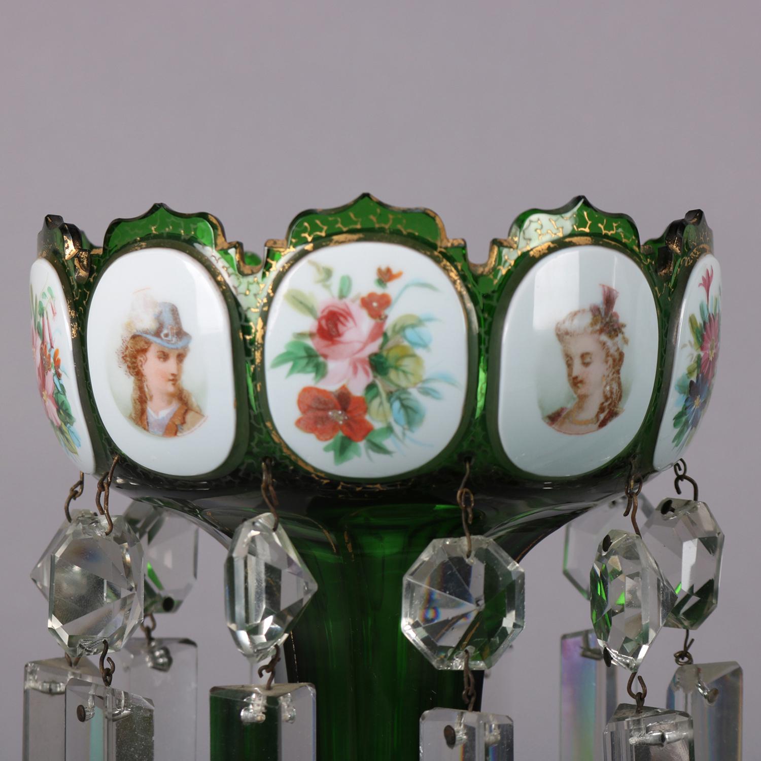 Victorian Antique Bohemian Moser School Emerald Green Glass Portrait Mantle Lustres