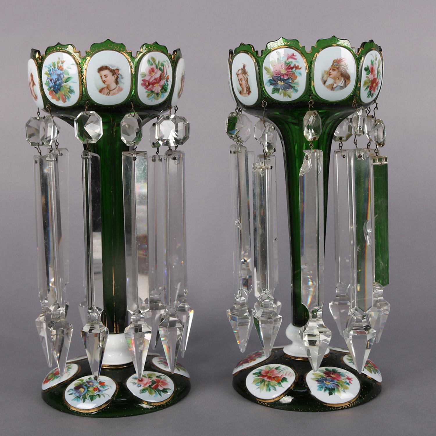 Antique Bohemian Moser School Emerald Green Glass Portrait Mantle Lustres In Good Condition In Big Flats, NY