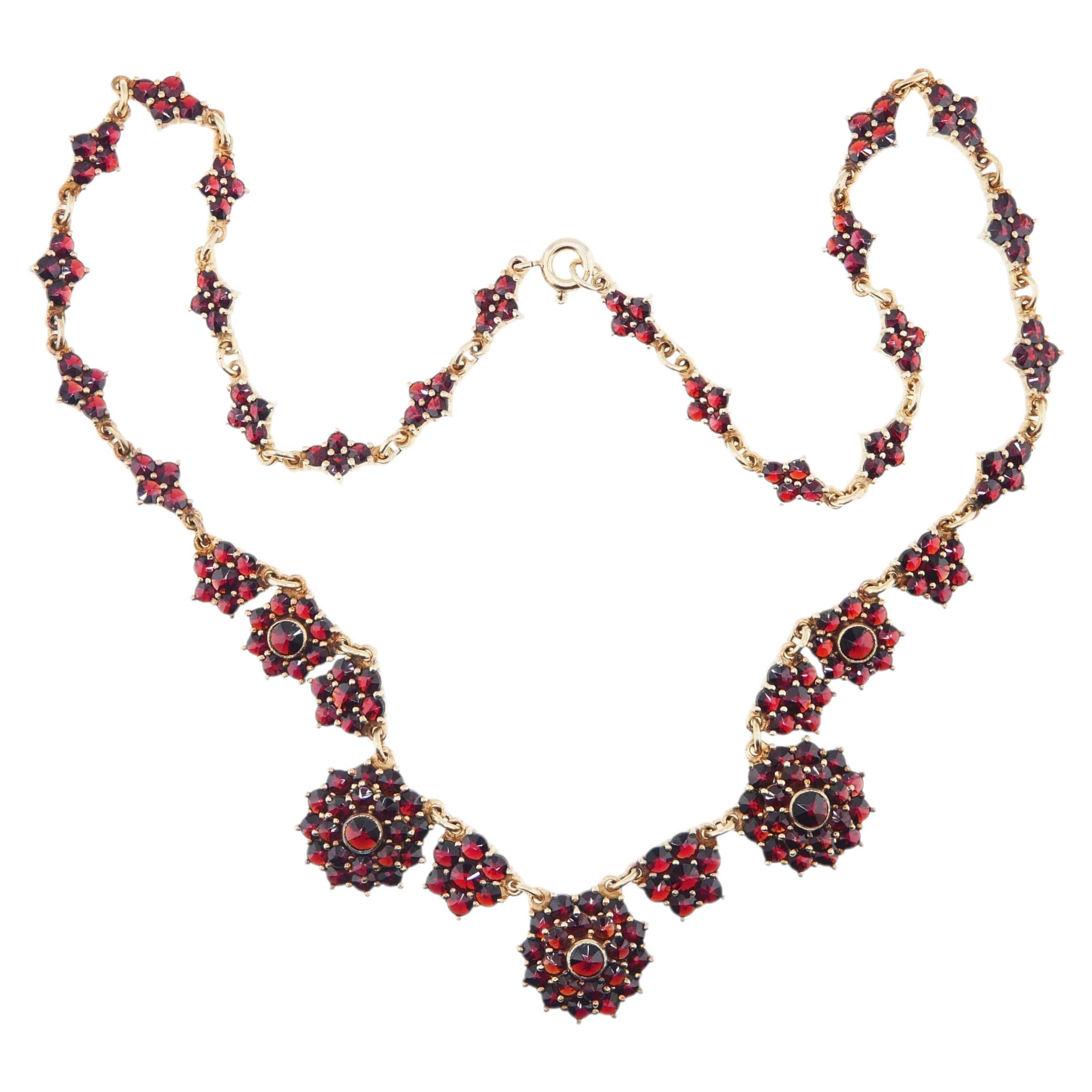 Antiguo Collar de Bohemia + Pendientes Granates Dorados 830 Plata / 45cm / 27gr.