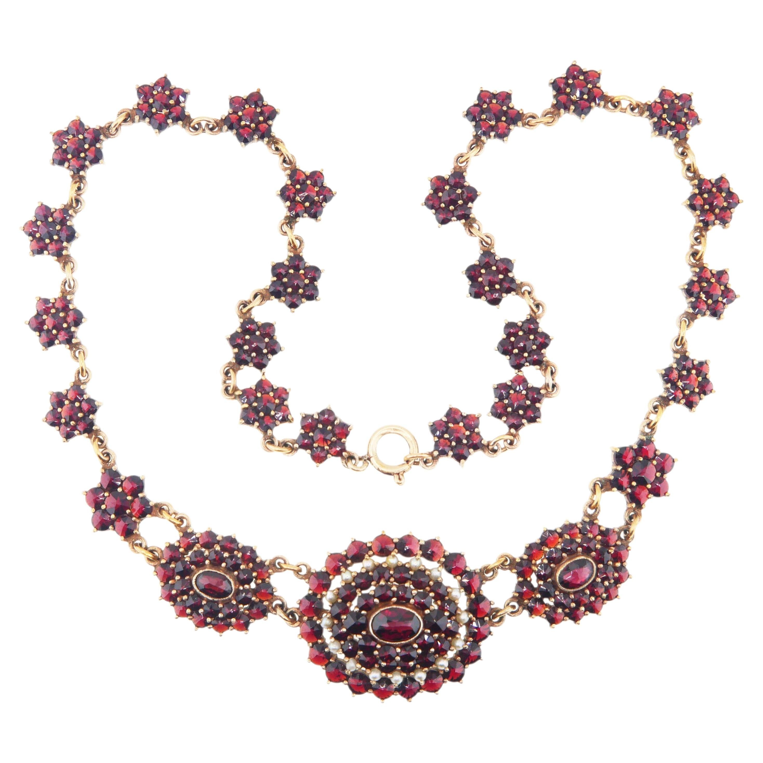 Antique Bohemian Necklace Garnets Seed Pearls Gilt 830 Silver / 38 cm / 26.7 gr.