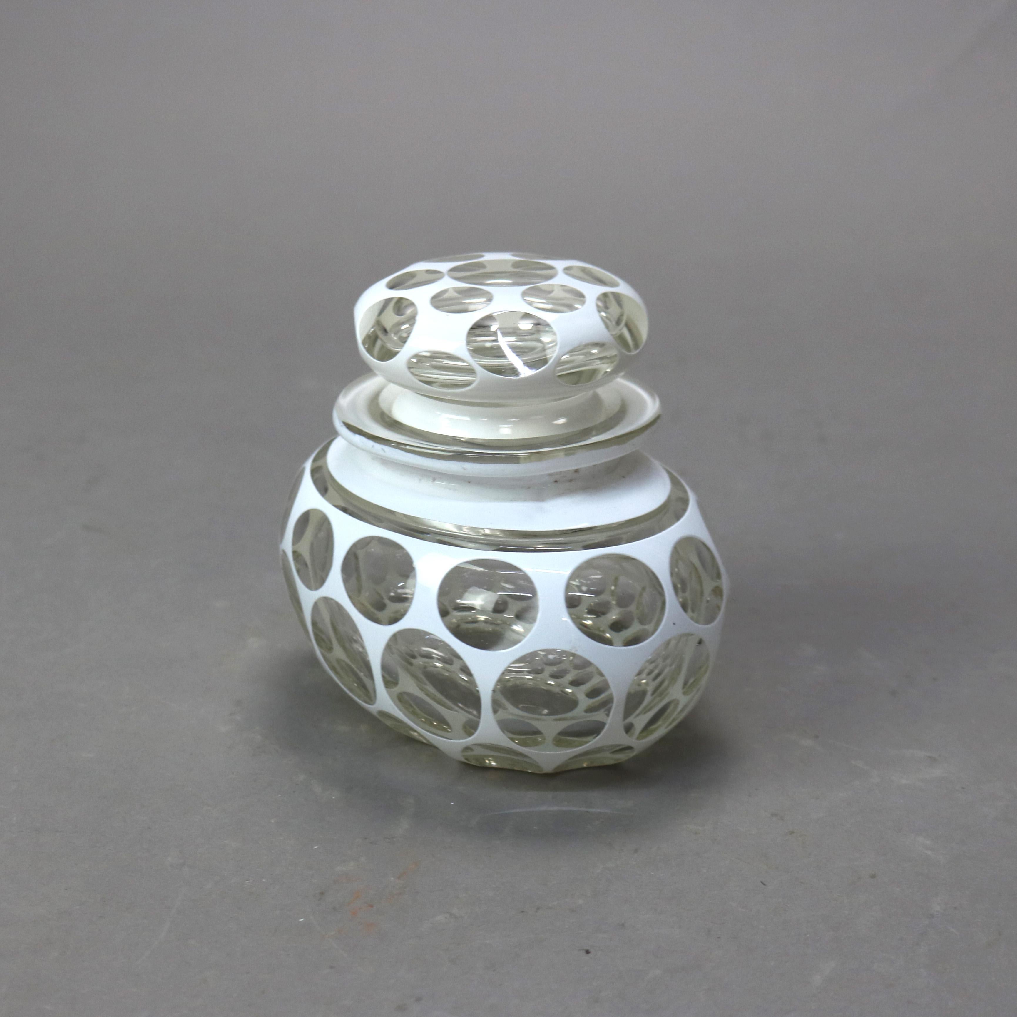 Antique Bohemian Opalescent Cut to Clear Art Glass Jar with Lid C1890 In Good Condition For Sale In Big Flats, NY